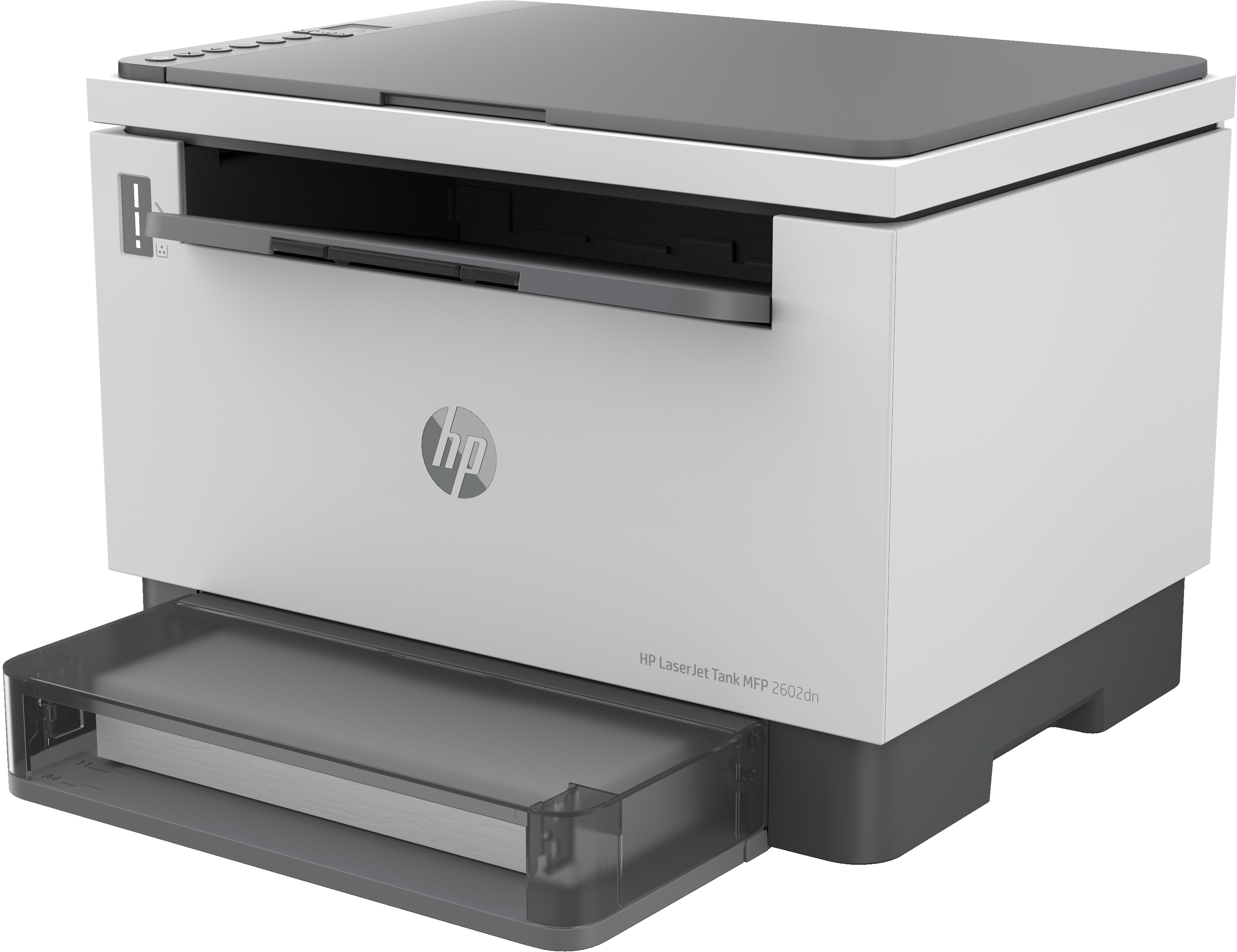 Weiß-grauer HP-Drucker. Er hat ein Papierfach und das HP-Logo auf der Vorderseite.