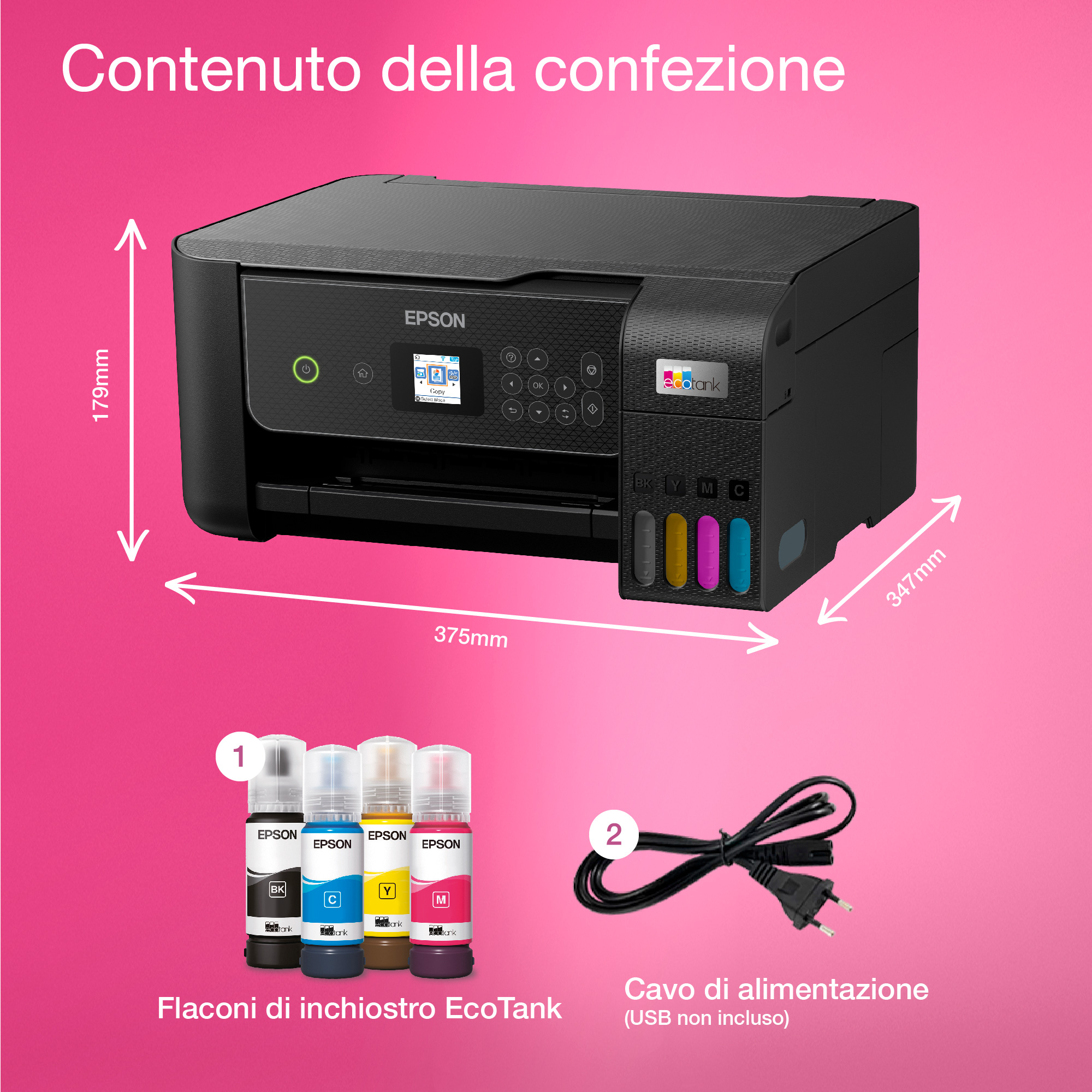 Stampante Epson con flaconi di inchiostro, cavo di alimentazione e dimensioni su sfondo rosa.