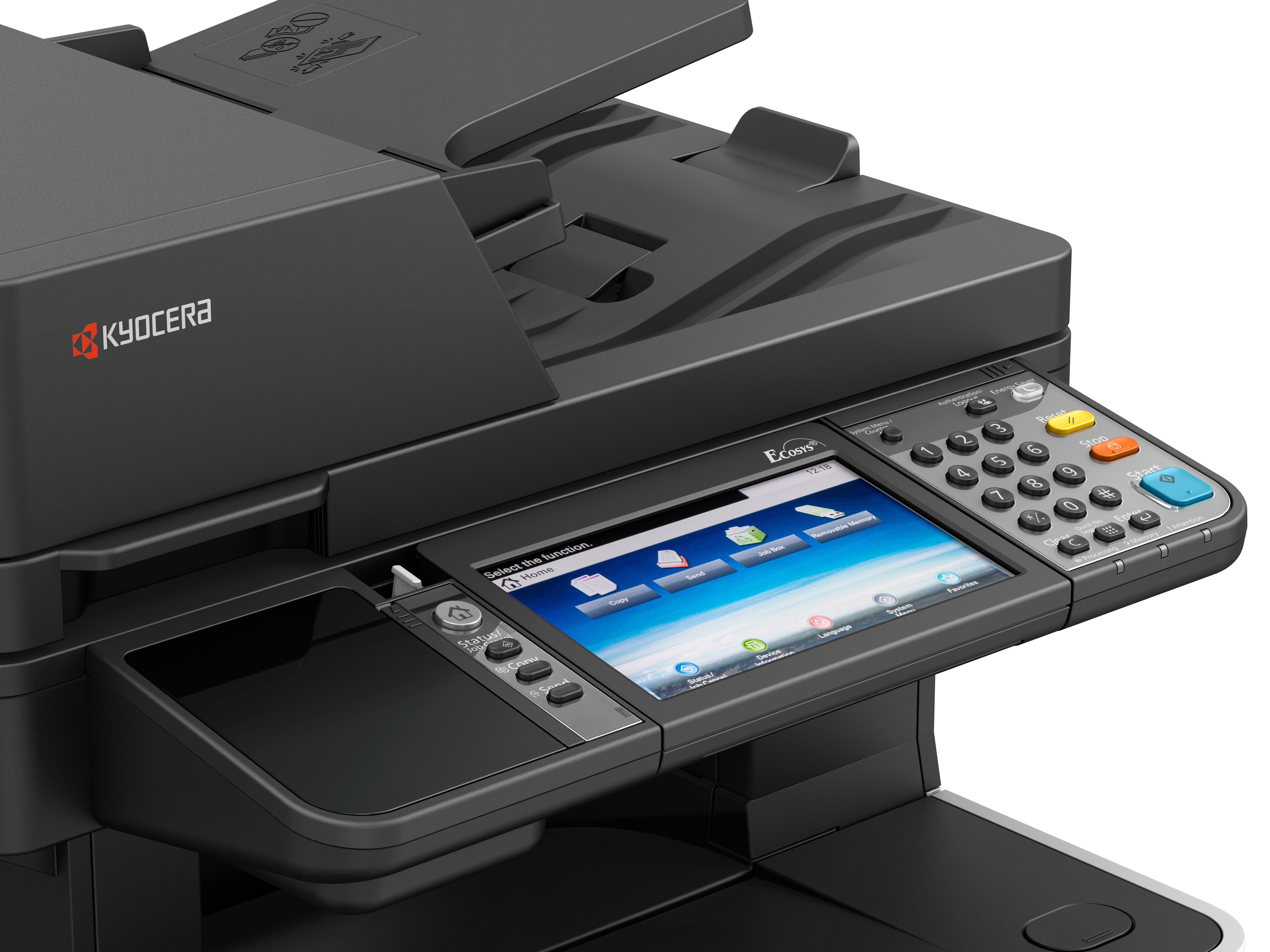 Primo piano del pannello di controllo di una stampante Kyocera. Ha un touchscreen e vari pulsanti funzione.