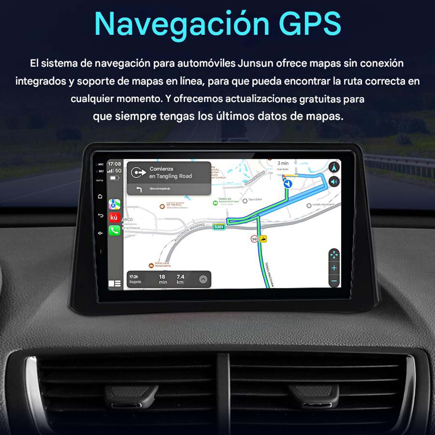 Panel del coche con pantalla de navegación GPS.