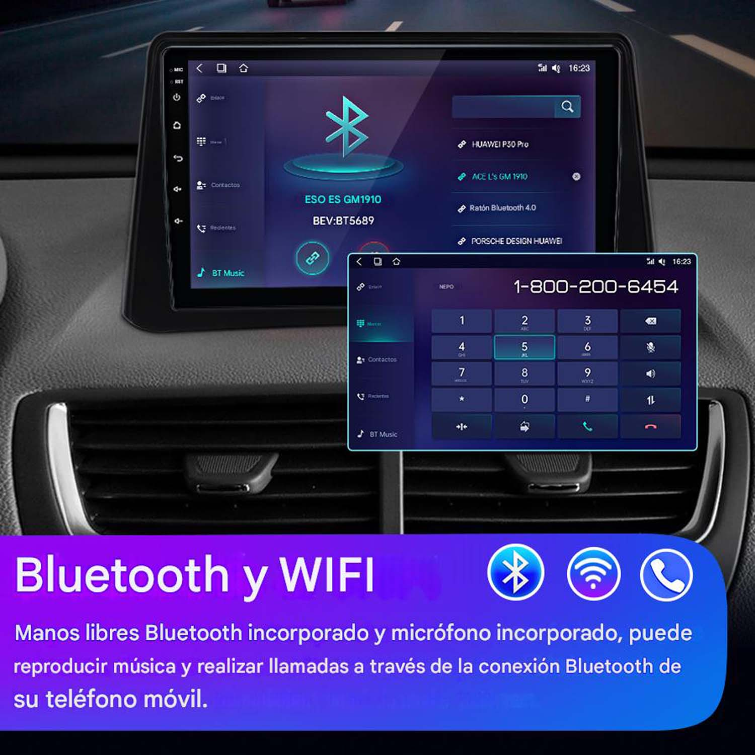 Pantalla del tablero del coche que muestra iconos de Bluetooth y WIFI. Además, un teclado numérico.