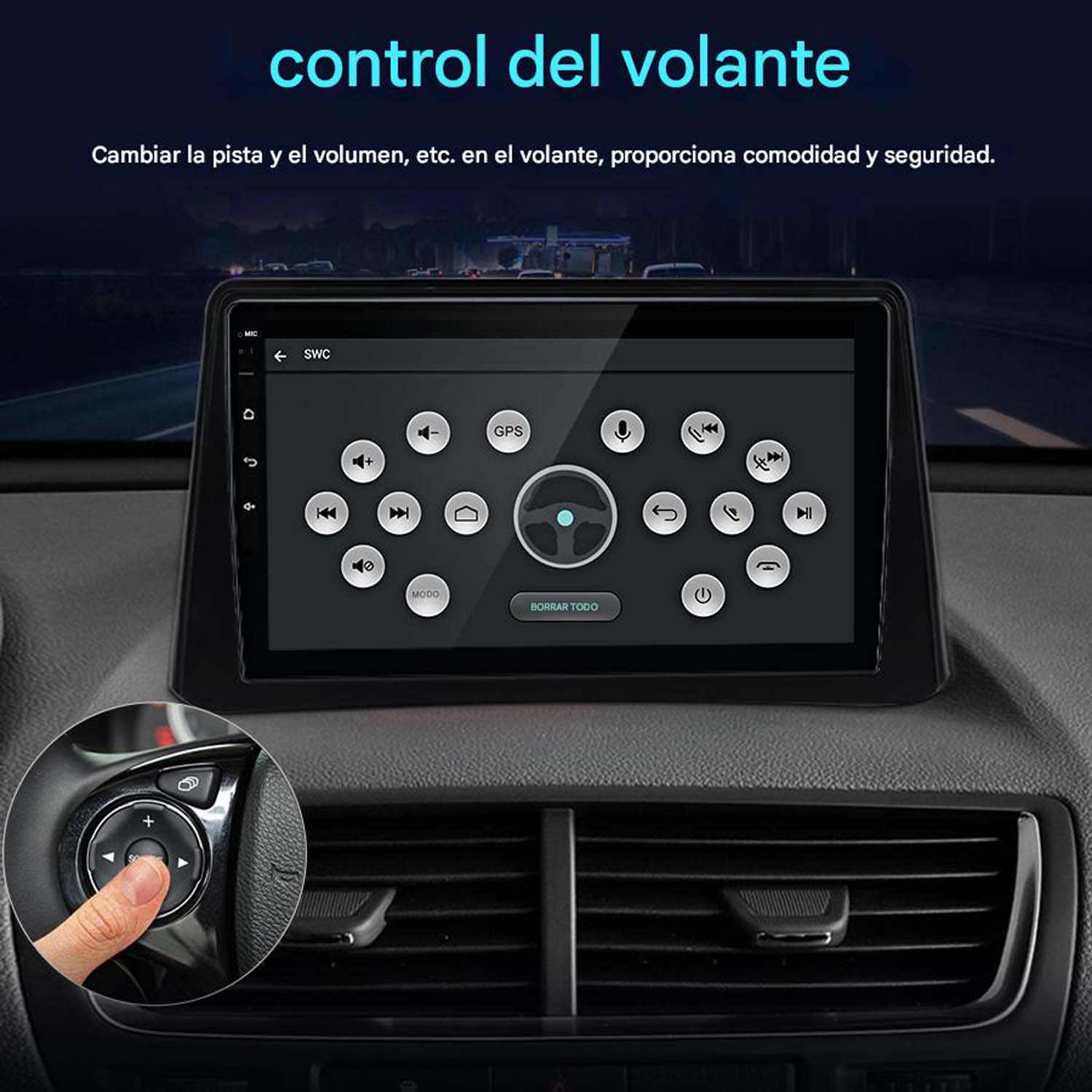 Pantalla del sistema de navegación del coche con controles táctiles. Volante y elementos del tablero son visibles.