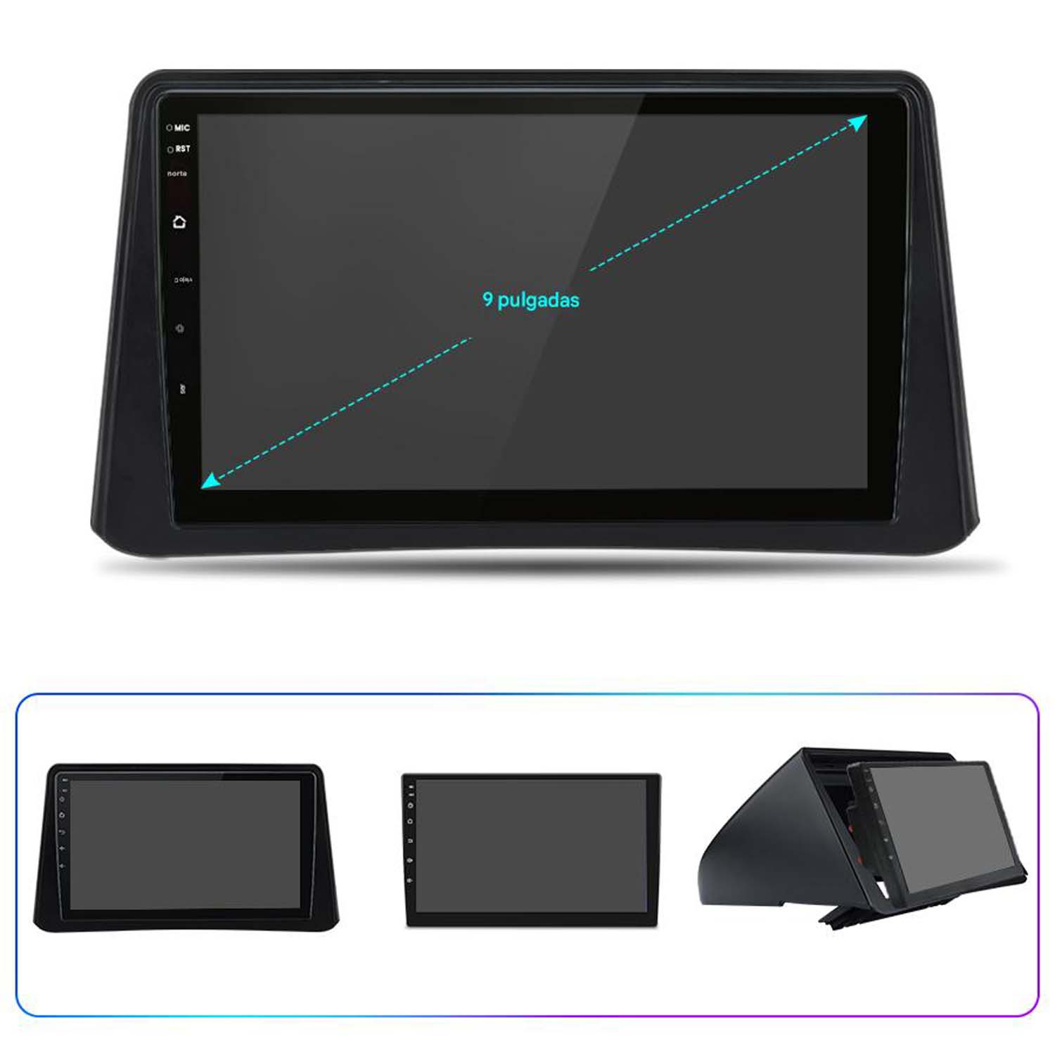 Pantalla de estéreo de coche. Una pantalla negra con un tamaño de pantalla de 9 pulgadas marcado.