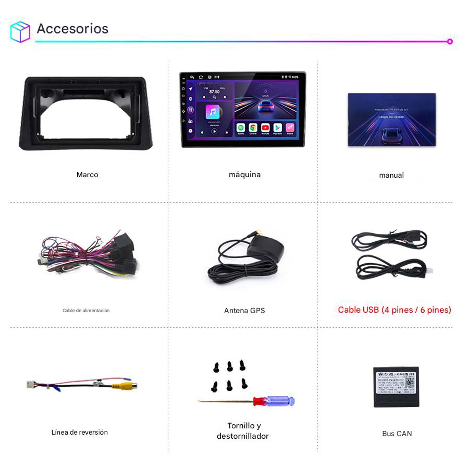 Varios accesorios para estéreo de coche, incluyendo máquina, manual, cables, antena y tornillos.