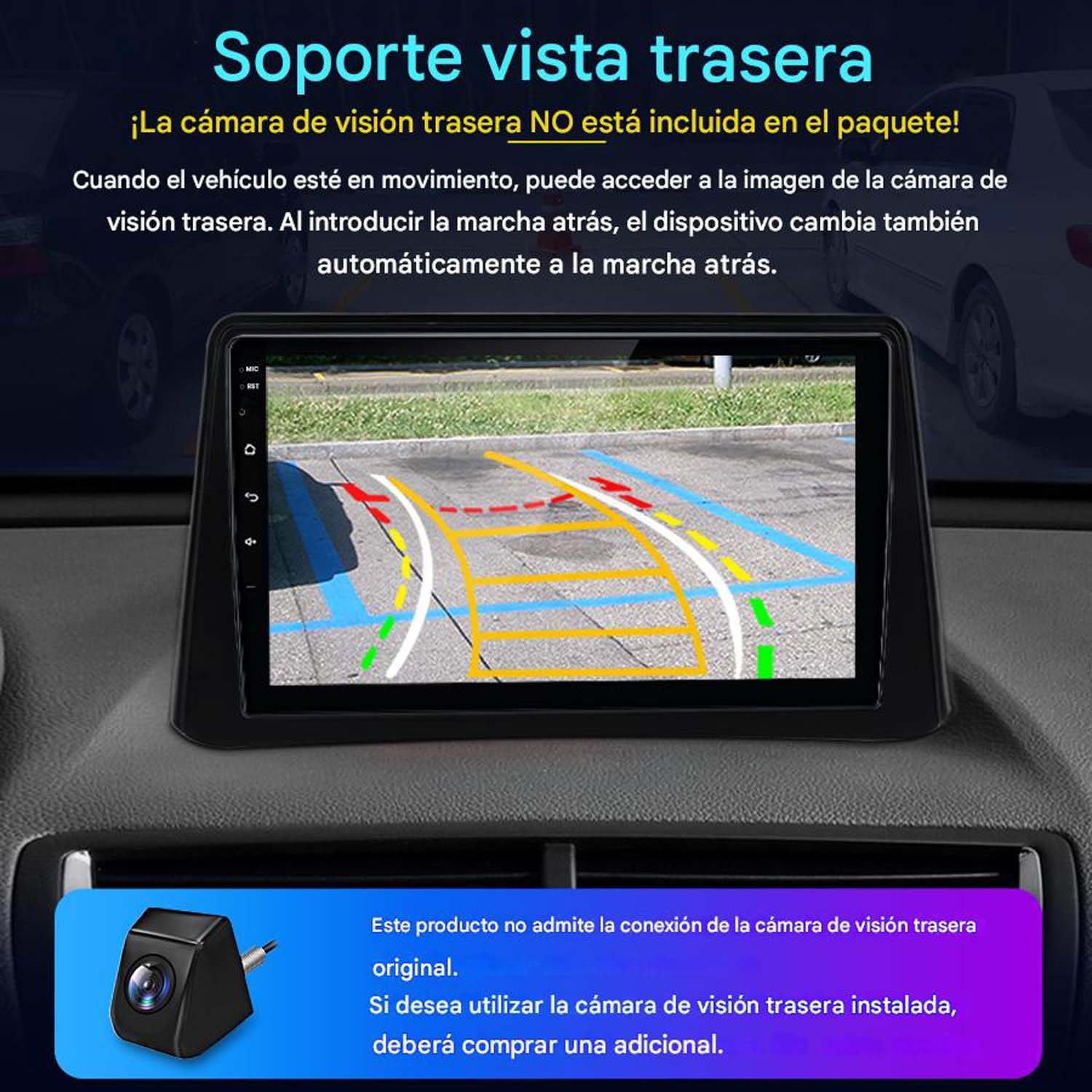 Una pantalla muestra una cámara de visión trasera con un gráfico de un coche y carreteras. También muestra un diagrama.