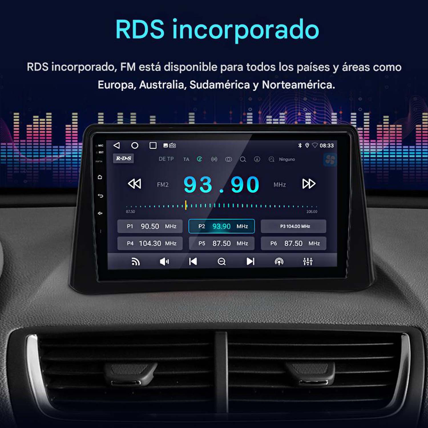 Autorradio con pantalla que muestra información. Texto 'RDS incorporado'. El fondo es oscuro.
