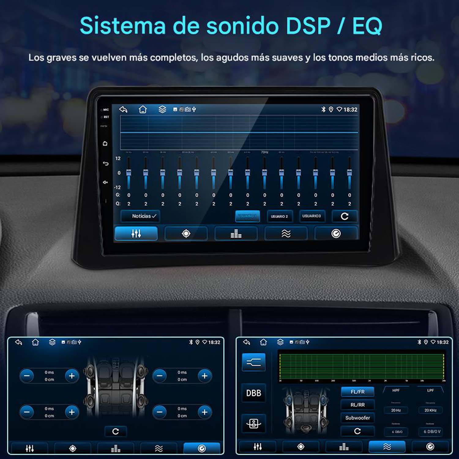 Pantalla del tablero que muestra la configuración de audio. Texto en la parte superior: 'Sistema de sonido DSP / EQ'.
