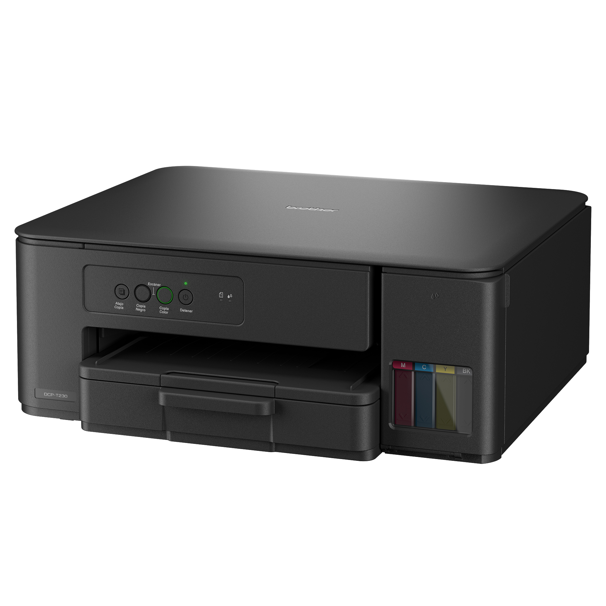 Una stampante Brother DCP-T220 nera. Ha serbatoi d'inchiostro visibili sul lato.
