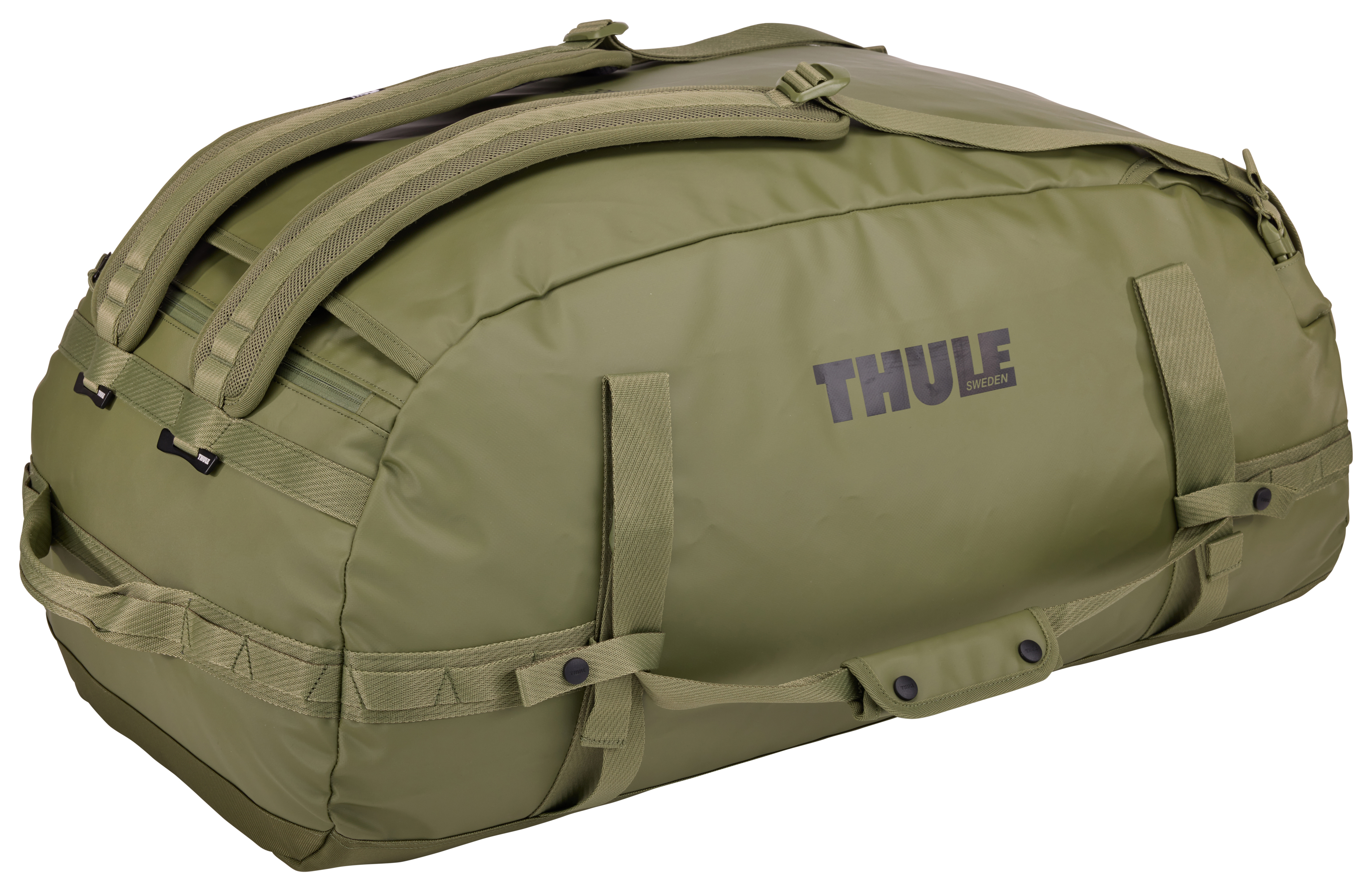 Grüne Thule-Reisetasche mit Riemen und Griffen. Schwarzes Thule-Logo.