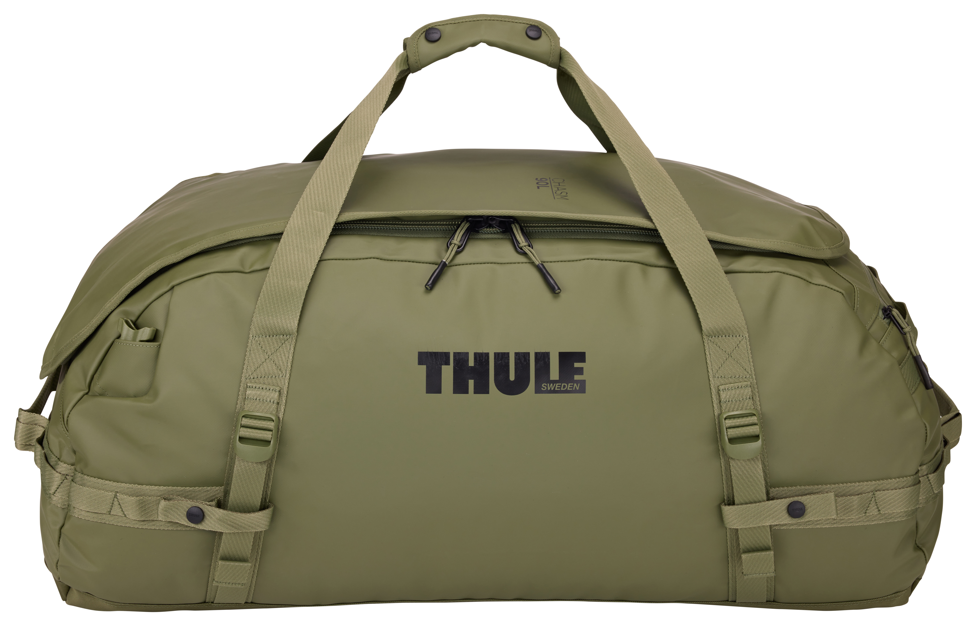 Grüne Reisetasche mit einem Griff. Die Tasche ist grün mit einem THULE-Logo.
