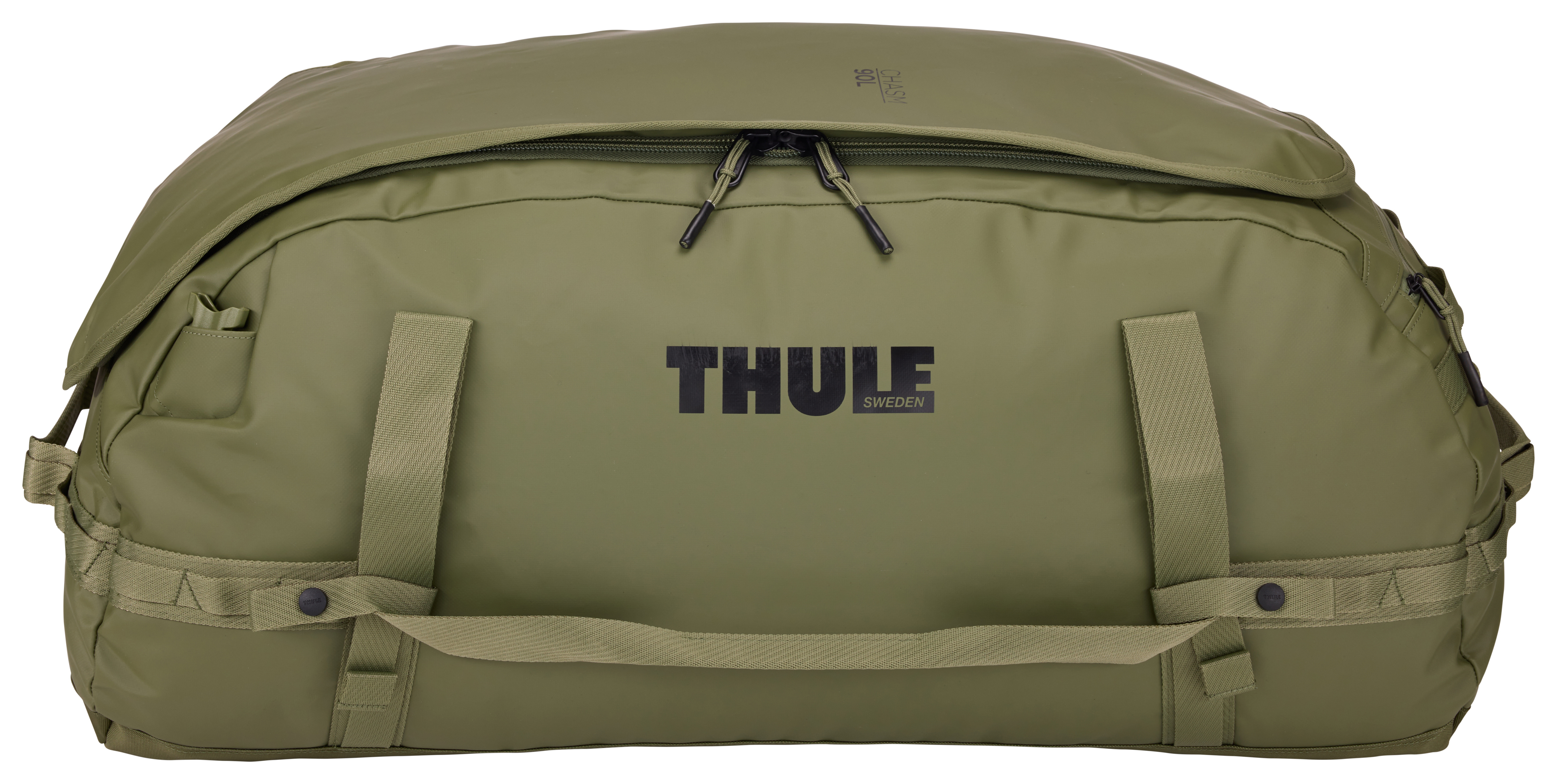Grüne Thule Reisetasche mit Thule Logo und Griffen.