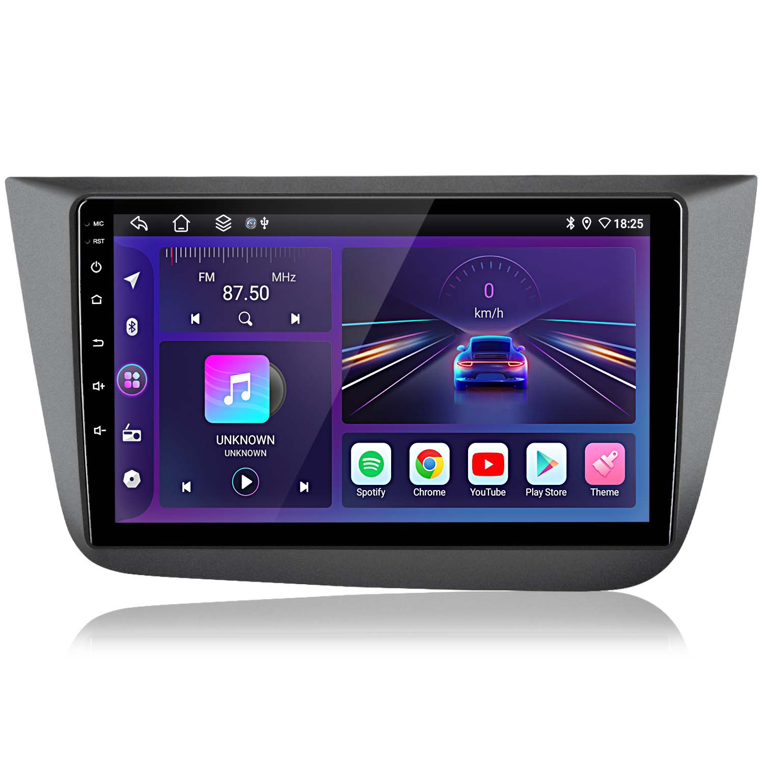 Pantalla de radio de coche con aplicaciones. Muestra la interfaz de radio y apps.