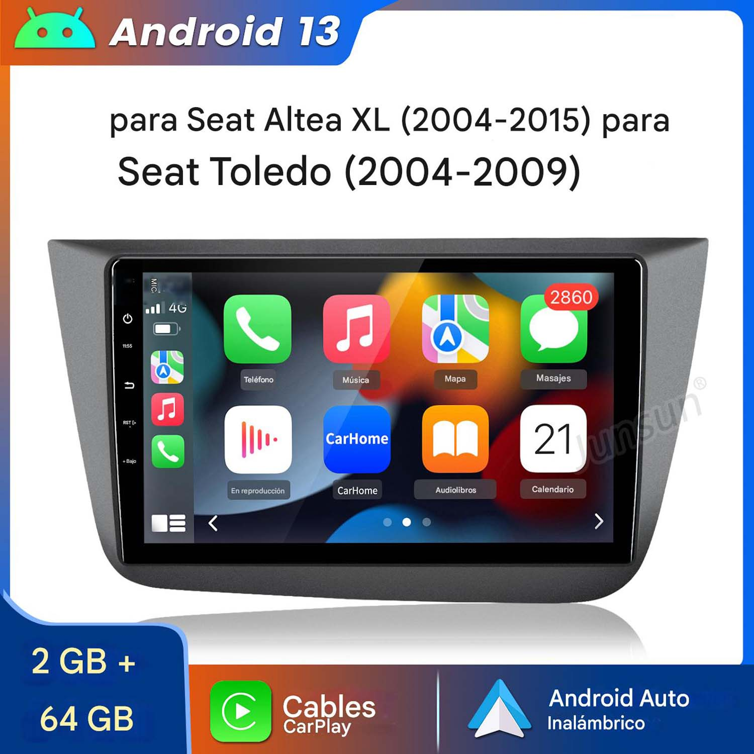 Pantalla de radio de coche con controles táctiles, rodeada por el tablero. Texto en español.