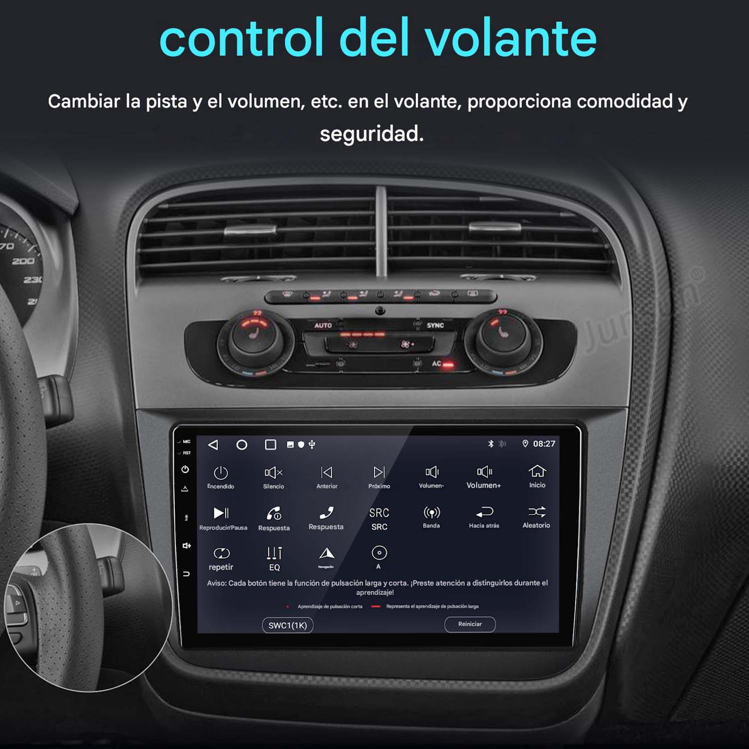 Panel del salpicadero del coche con pantalla táctil y botones de control.