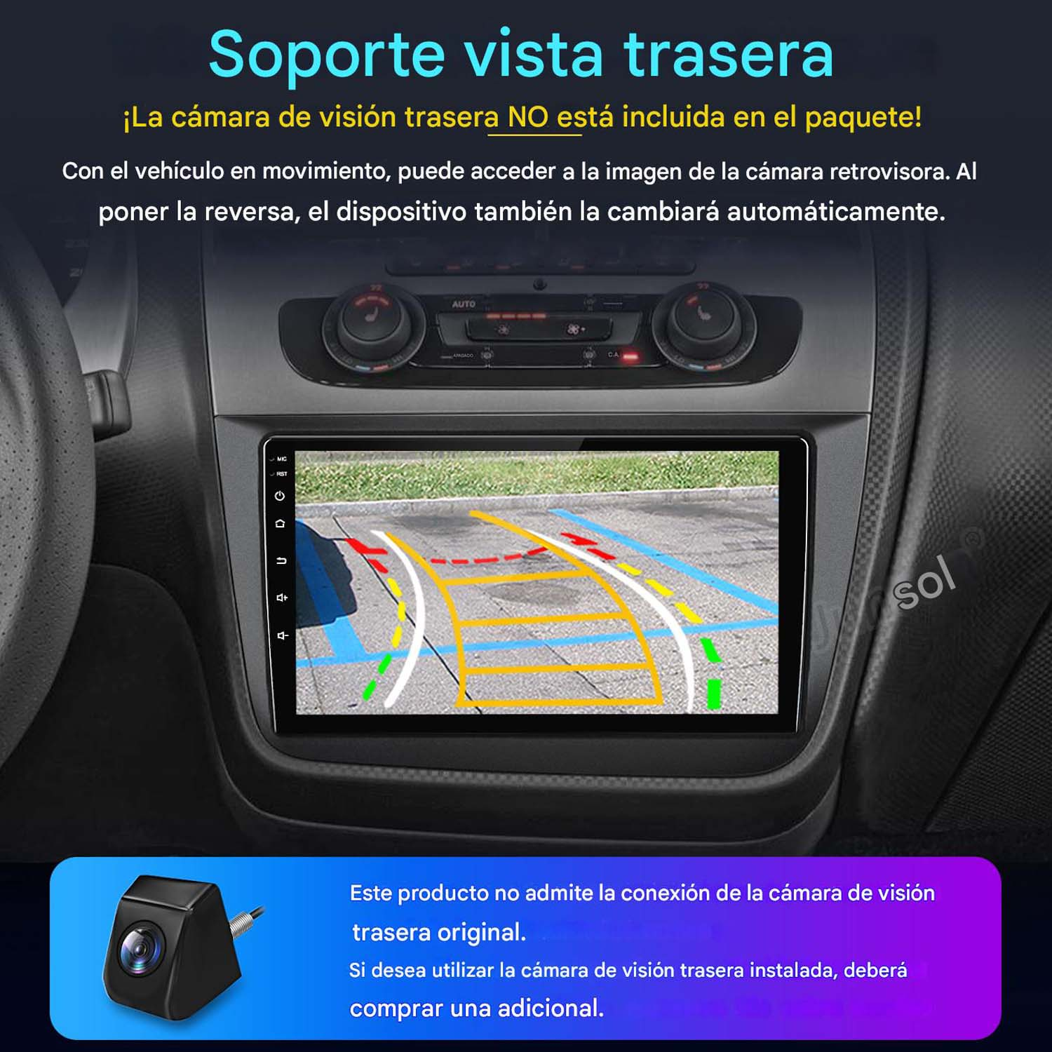 Panel del coche muestra pantalla con vista de cámara de marcha atrás y líneas guía. También se muestra un modelo de cámara negra.
