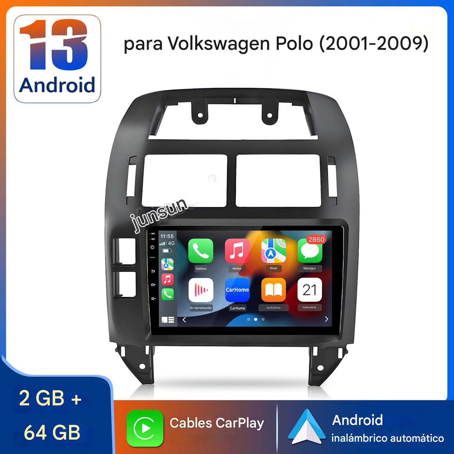 Radio para coche con pantalla Android, para Volkswagen Polo (2001-2009), con 2 GB RAM y 64 GB.