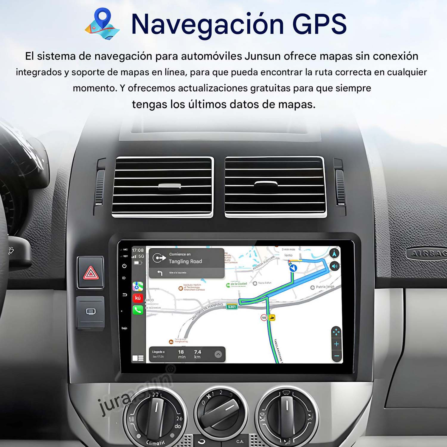 Panel de control con navegación GPS. Muestra un mapa y controles de navegación.