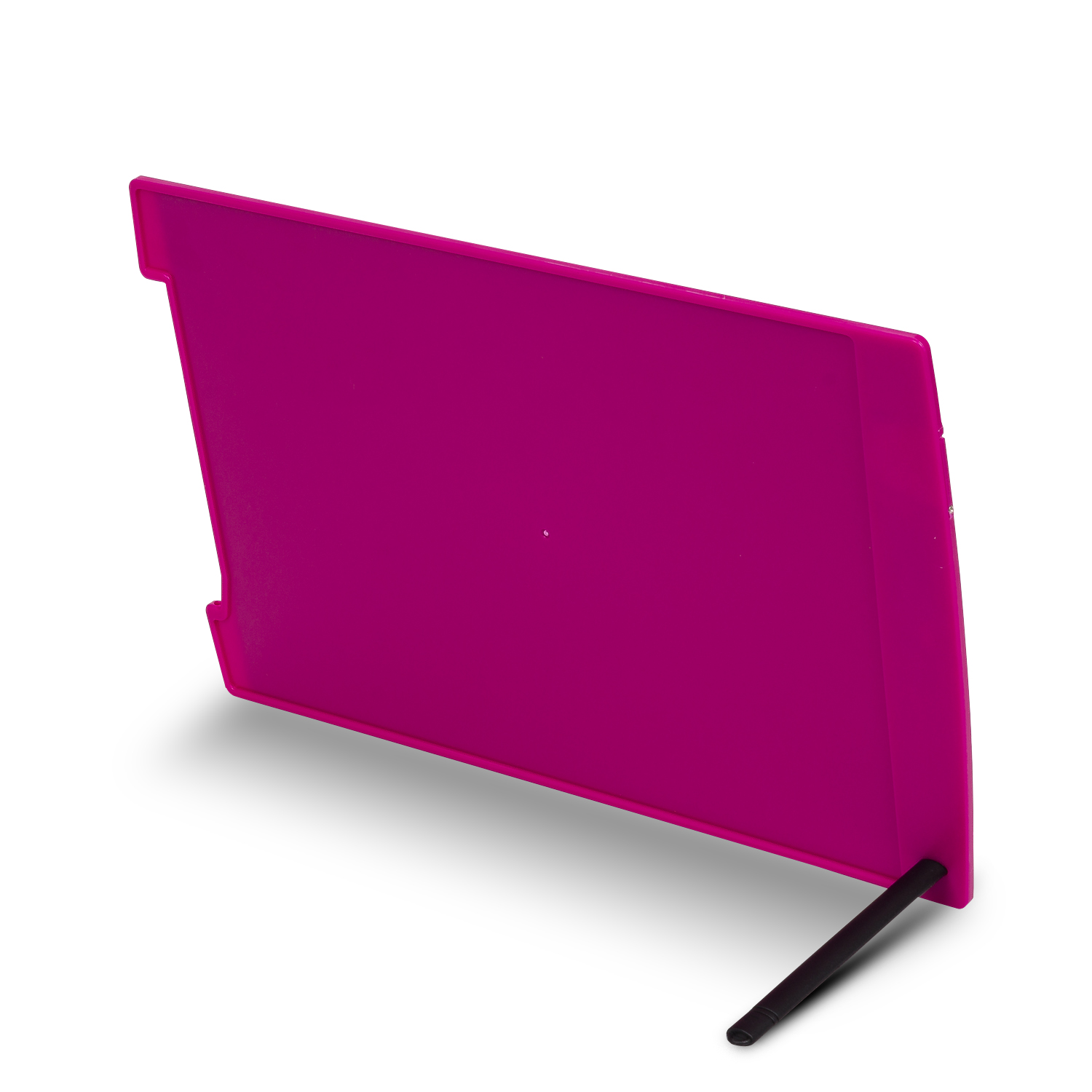 Letrero de plástico rosa con un soporte. Fondo blanco.
