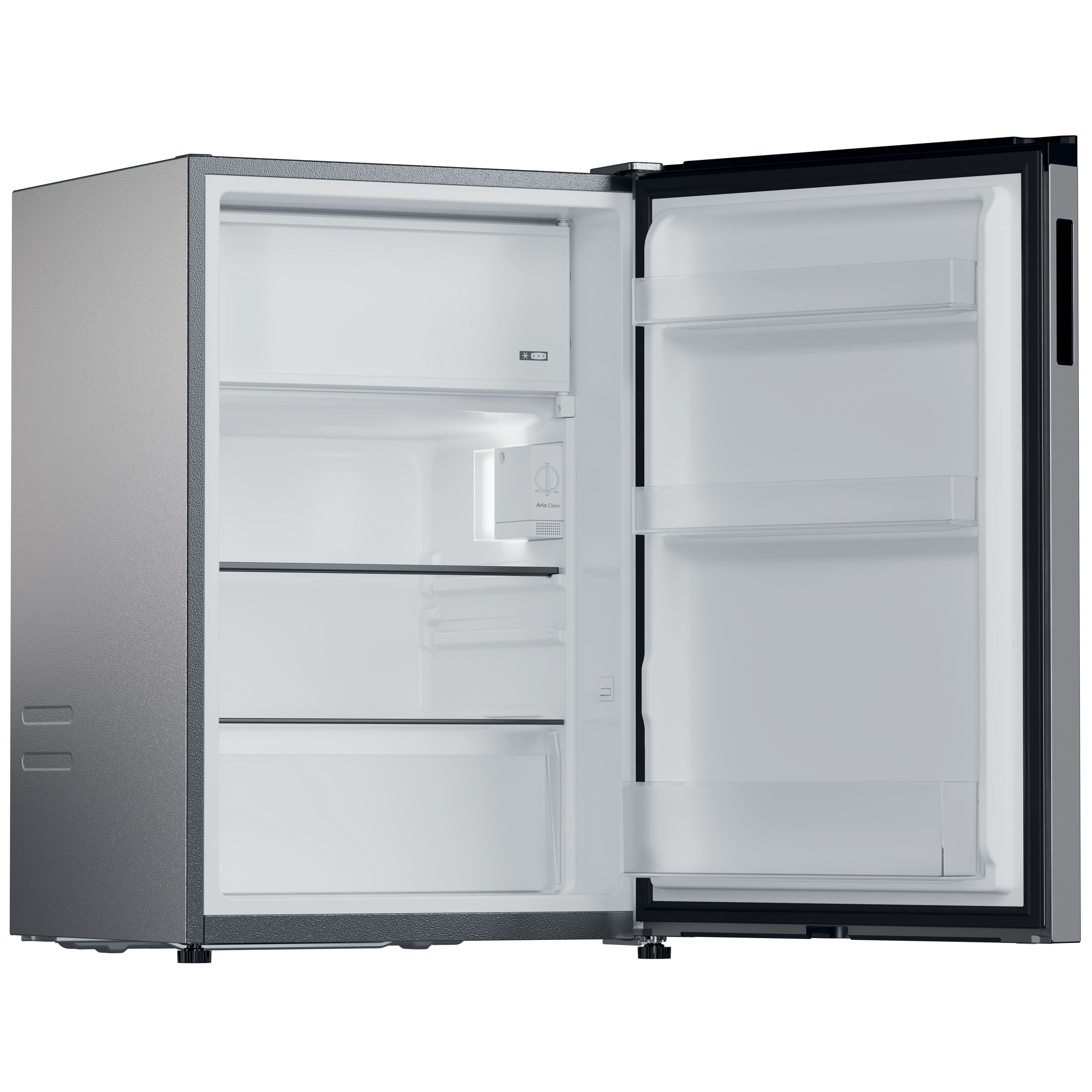 Otwarta, pusta lodówka ze stali nierdzewnej z półkami.