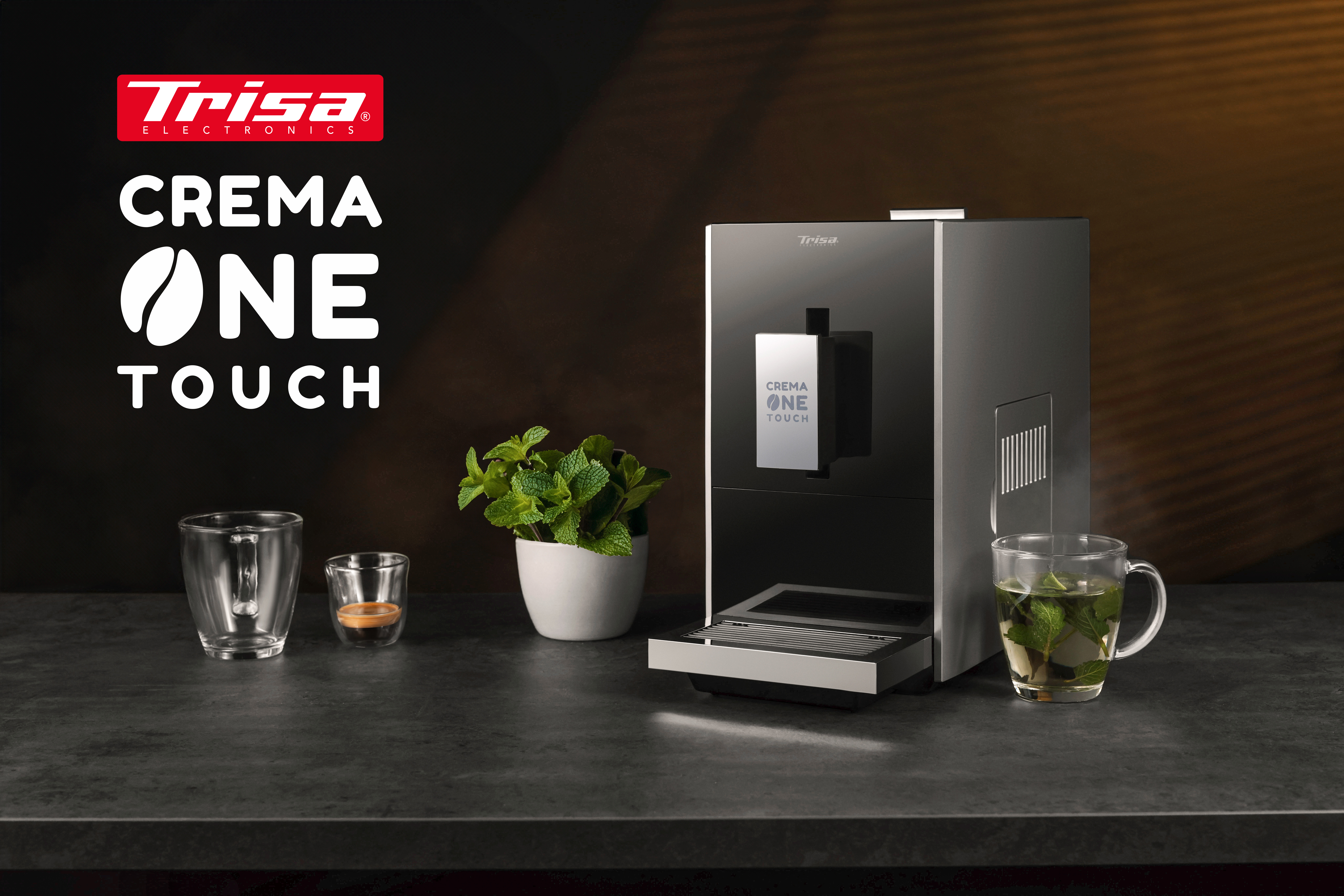 Macchina da caffè con testo "Crema One Touch", bicchieri e menta.