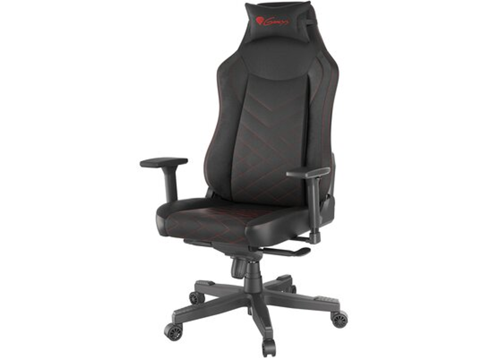Schwarzer Gaming-Stuhl mit roten Ziernähten. Vorderansicht. Genesis-Logo auf der Kopfstütze.