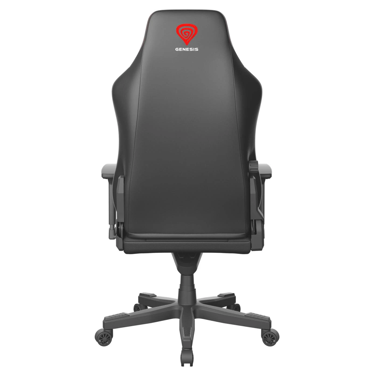 Schwarzer Gaming-Stuhl, Rückansicht. Genesis-Logo auf der Kopfstütze. Weißer Hintergrund.