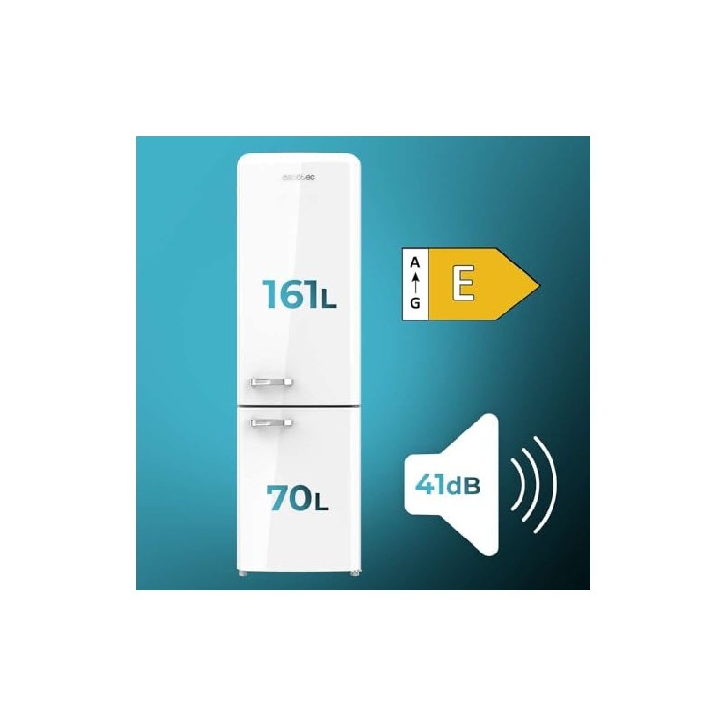 Biało-srebrna lodówka z etykietą energetyczną i poziomem dźwięku.