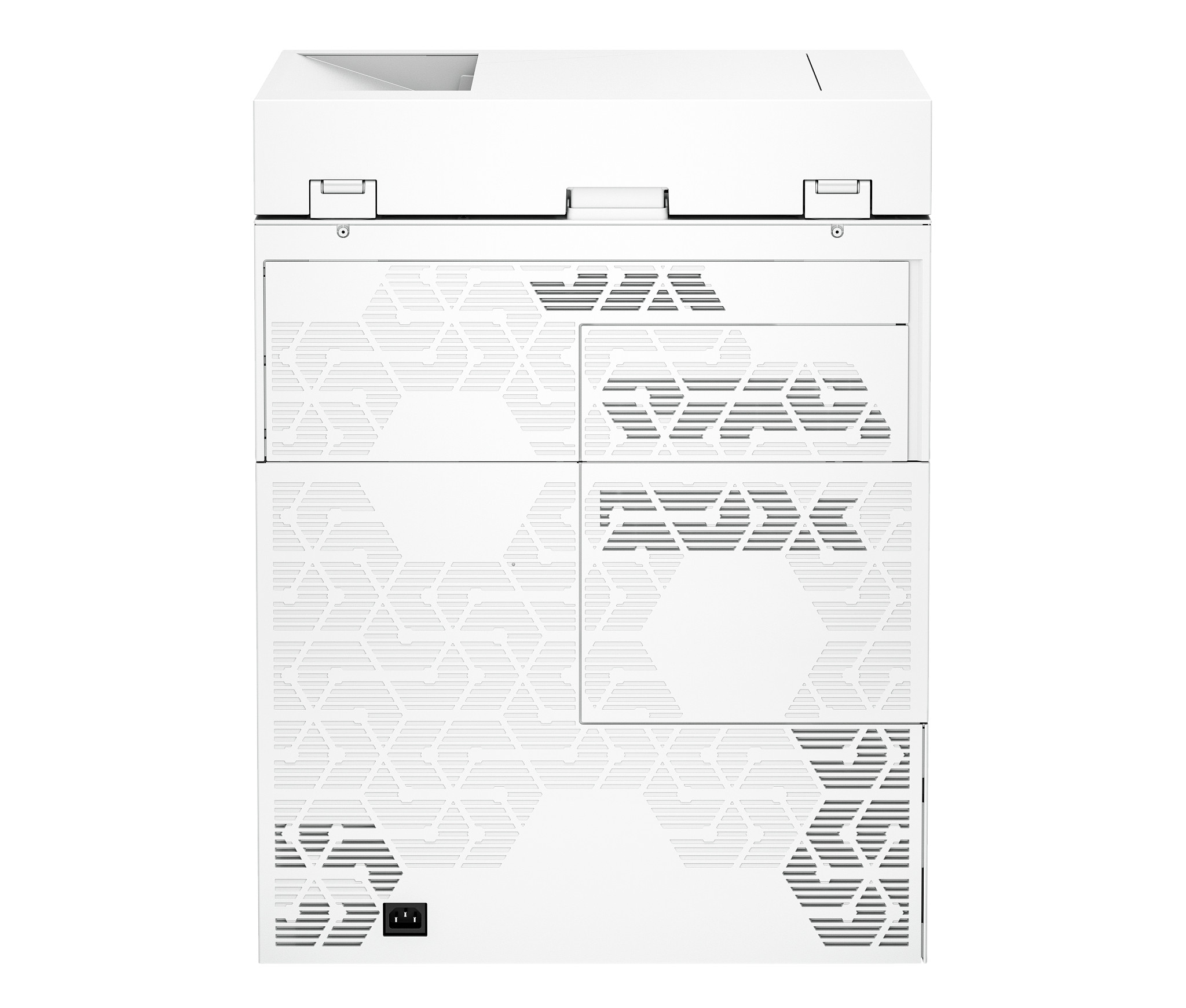 Widok z tyłu białej drukarki z geometrycznymi panelami i portem zasilania.