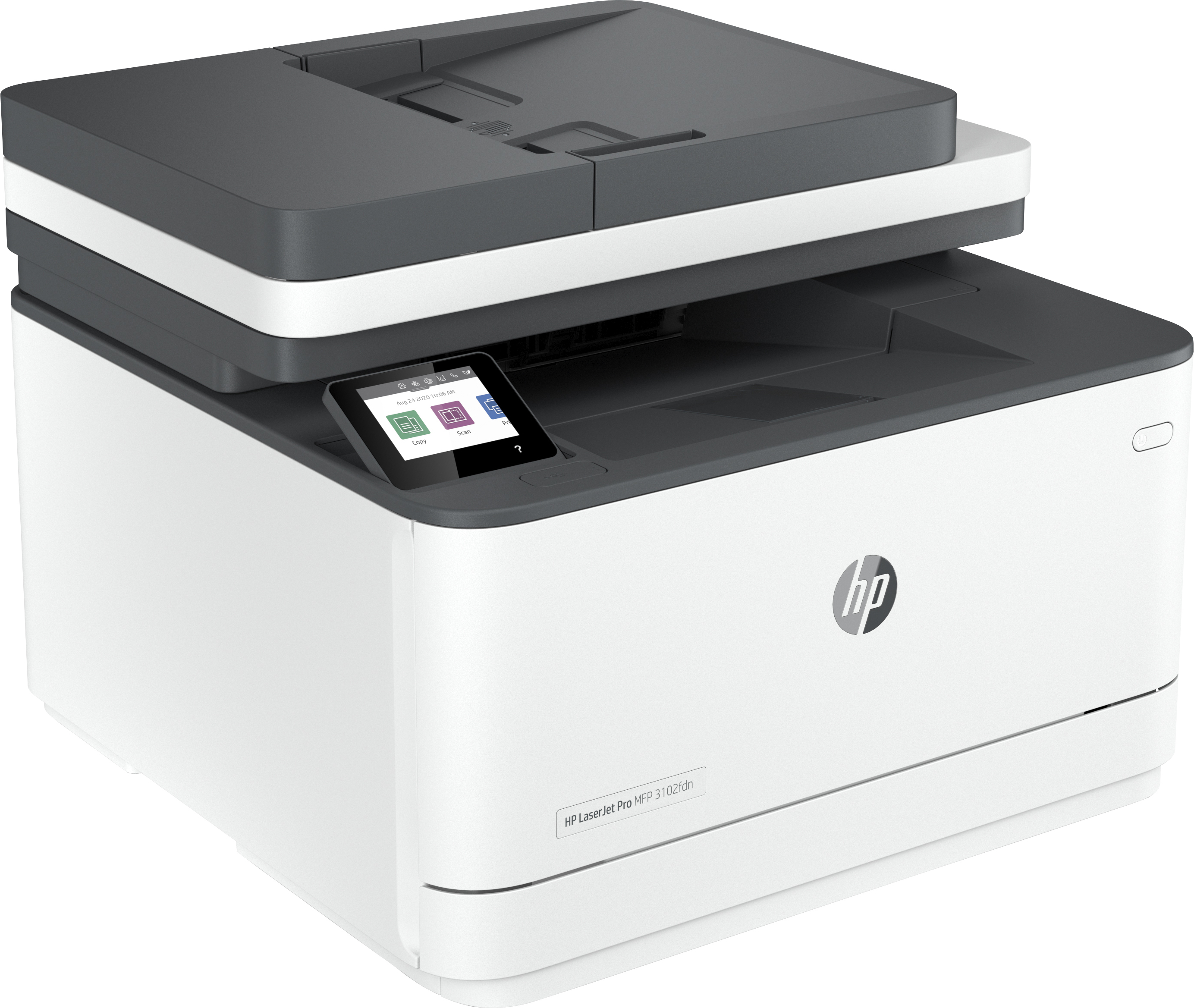 Impresora HP blanca y gris oscuro con pantalla táctil que muestra iconos.