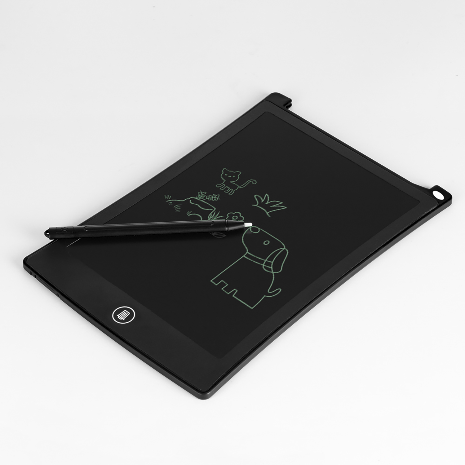 Tavoletta grafica nera con stilo. Disegni di cani e gatti. Sfondo bianco.