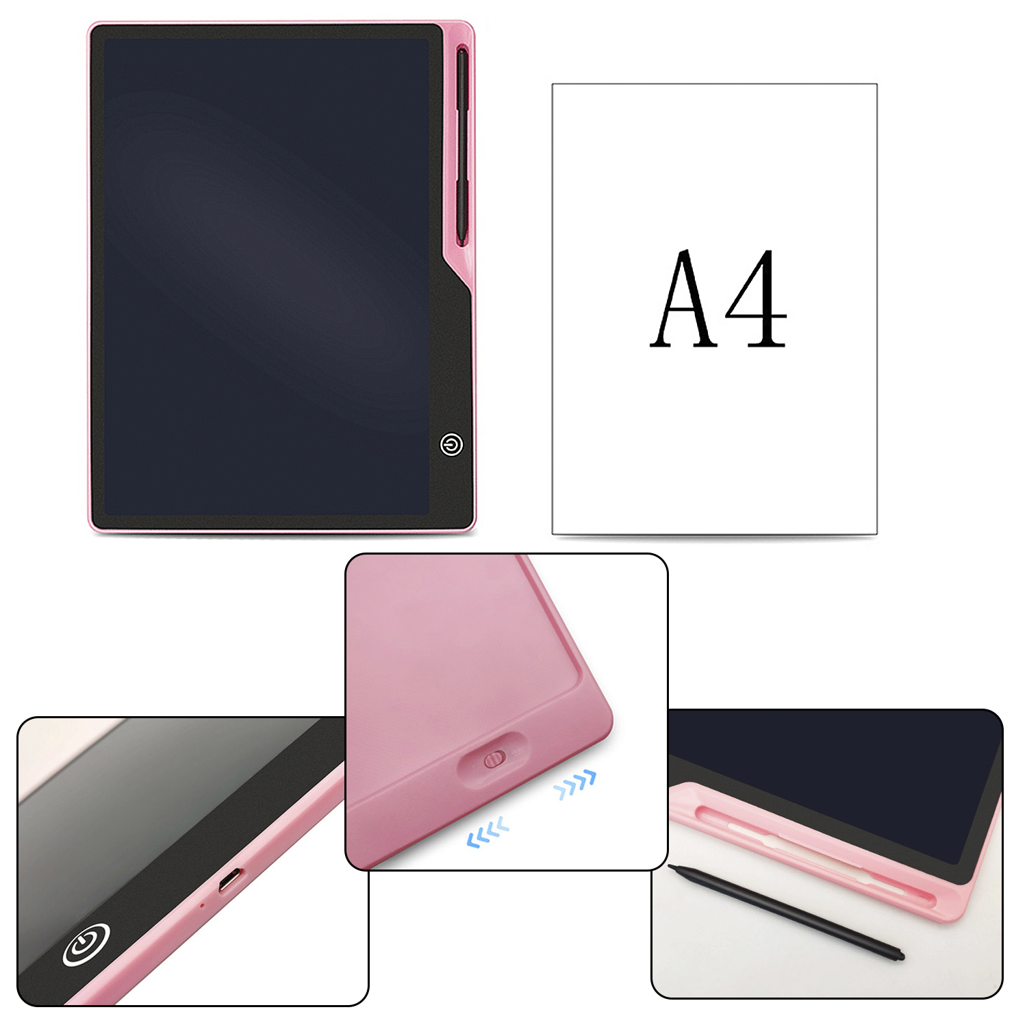 Tavoletta di scrittura elettronica rosa con stilo e carta A4.
