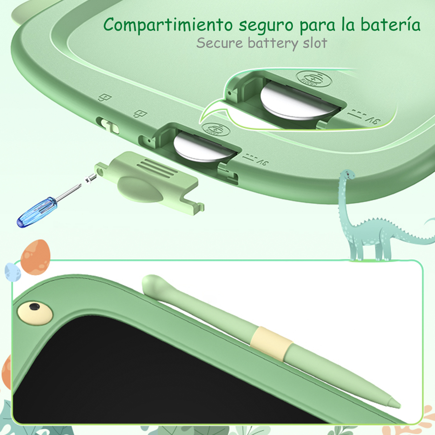 Tavoletta da disegno verde con stilo e vano batteria aperto.