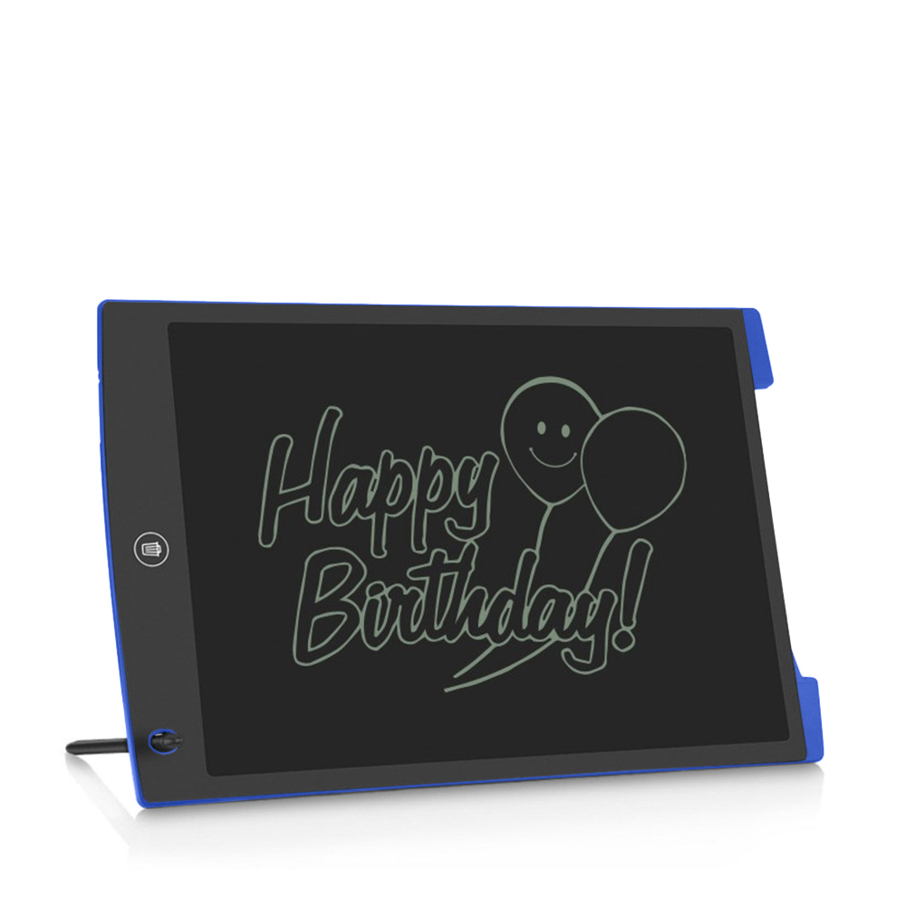Tavoletta da disegno blu e nera con 'Buon compleanno!' e palloncini disegnati sullo schermo.