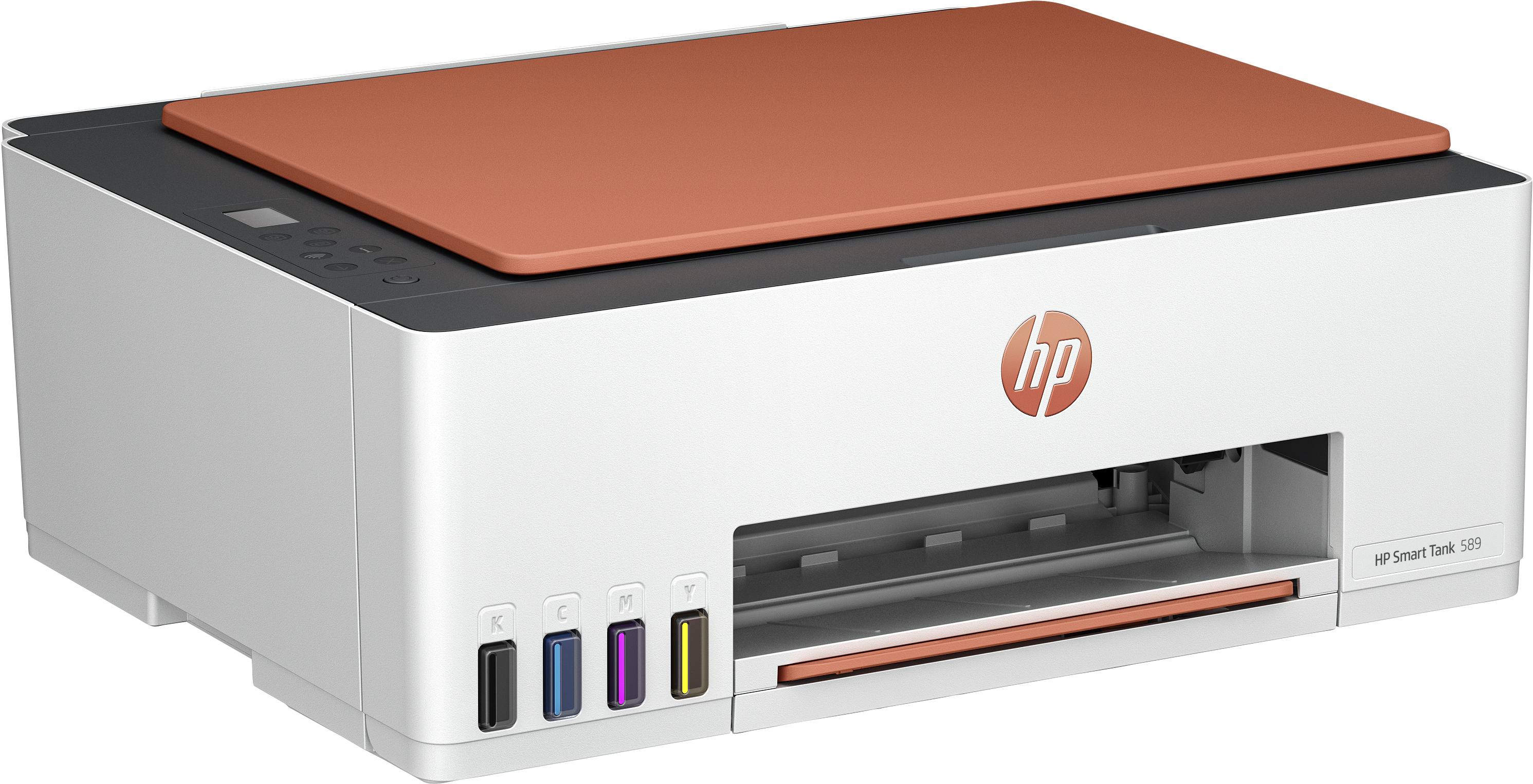 Weißer HP Smart Tank Drucker mit braunem Deckel und Tintenpatronen.