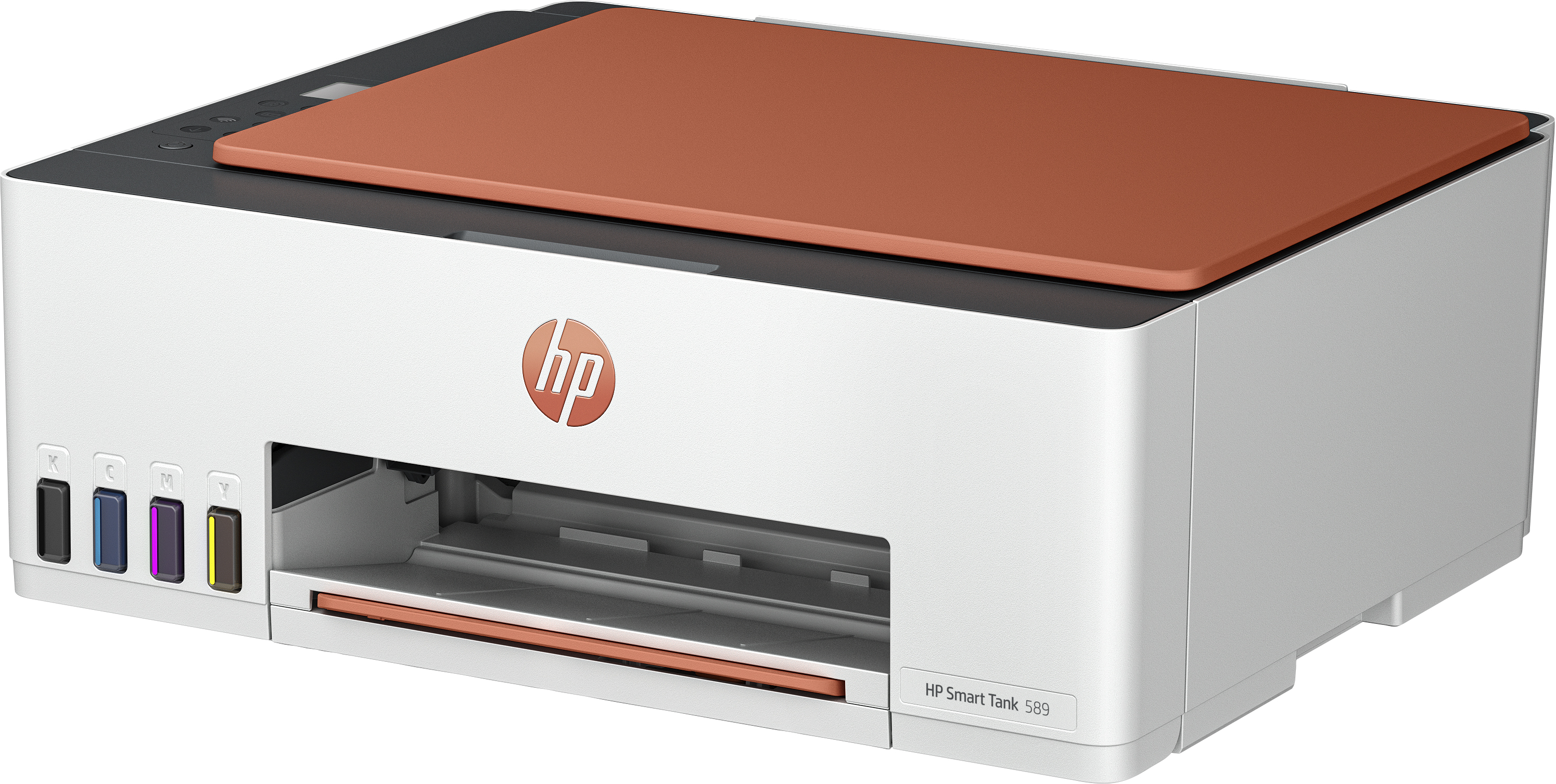 Weißer HP-Drucker mit braunem Deckel und Tintenpatronen, weißer Hintergrund.