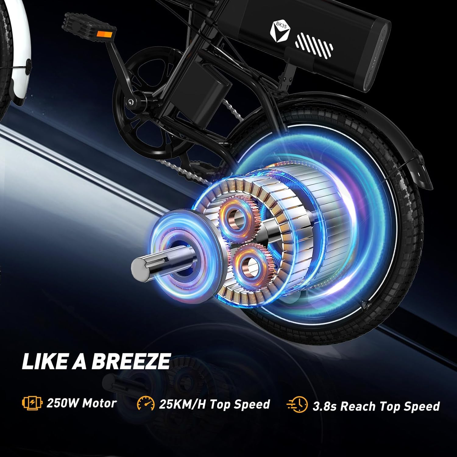 Schemat silnika roweru elektrycznego. Silnik z niebieskimi i białymi efektami świetlnymi.