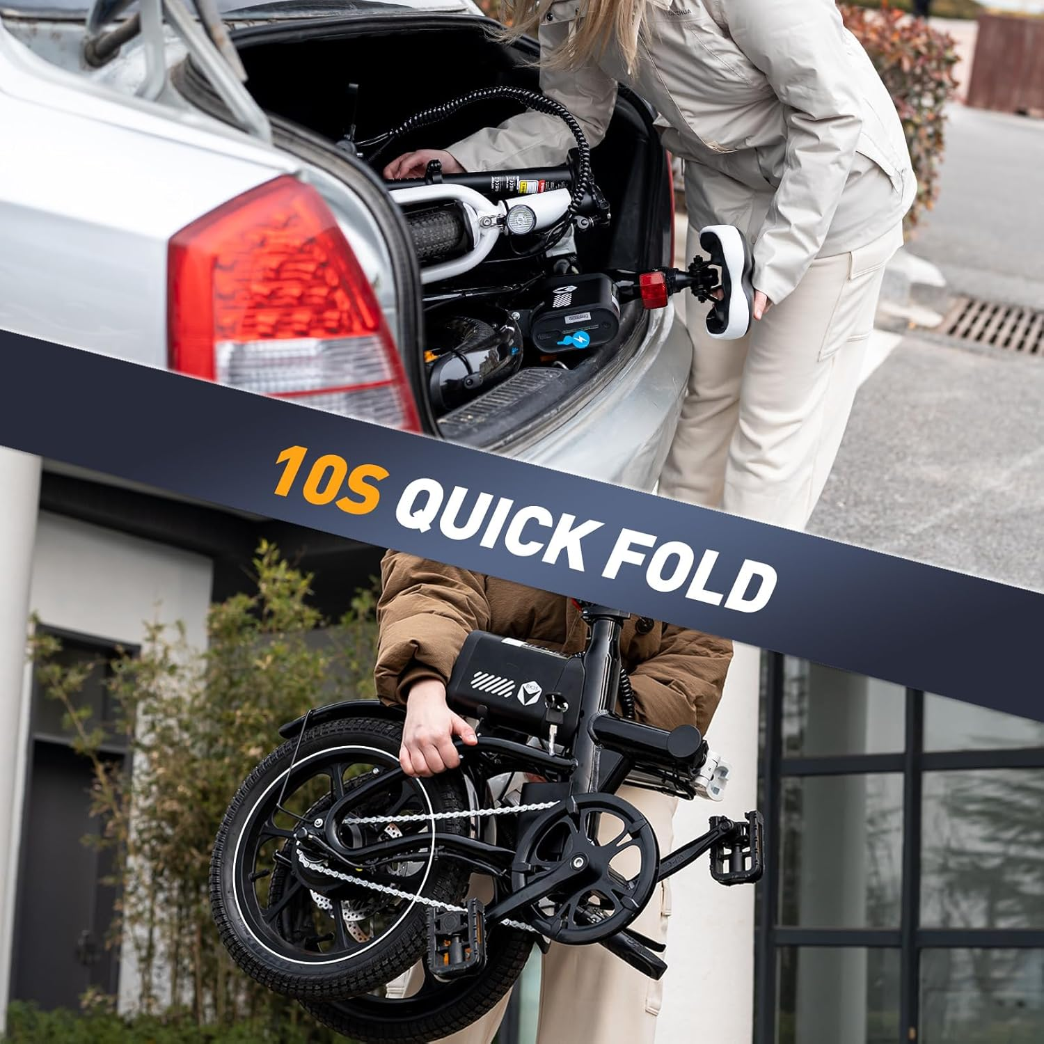 Kobieta składająca czarny składany rower do bagażnika samochodu. Rower jest czarny i ma funkcję szybkiego składania.