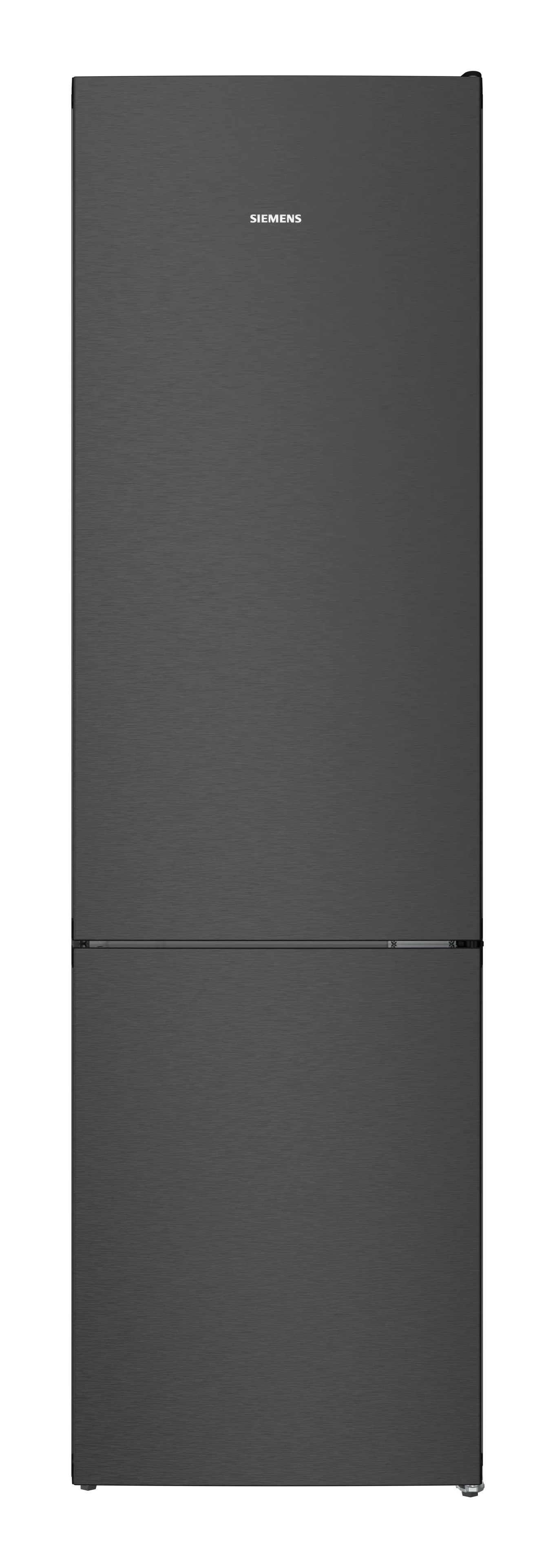 Hoher, schwarzer Kühlschrank mit zwei Türen, die obere Tür trägt die Aufschrift Siemens.