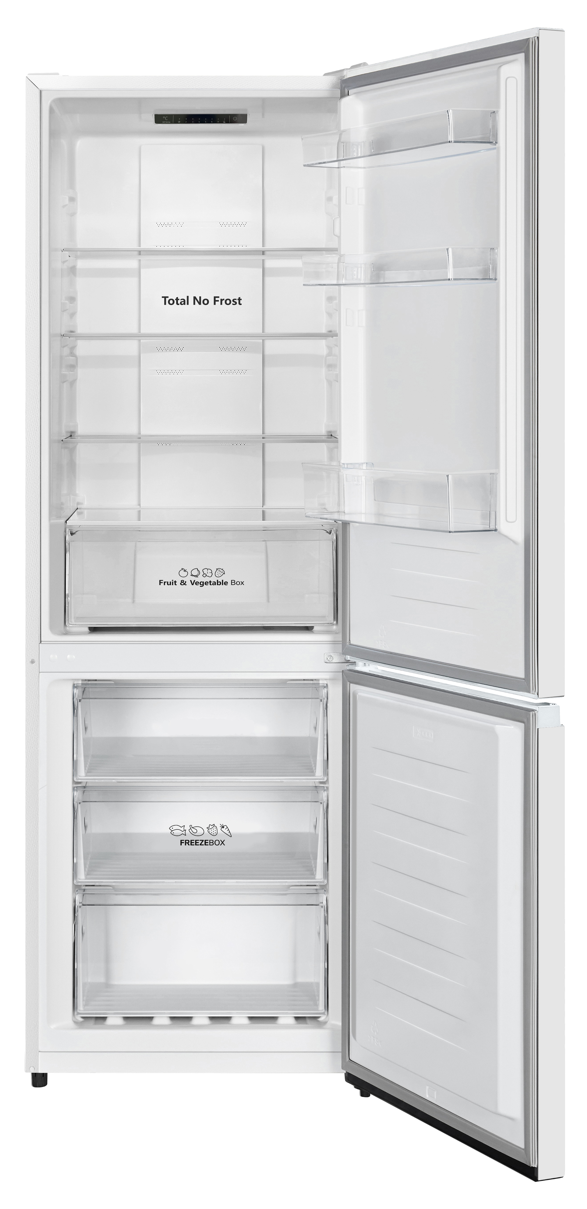 Un refrigerador blanco con la puerta abierta, mostrando estantes y compartimentos.