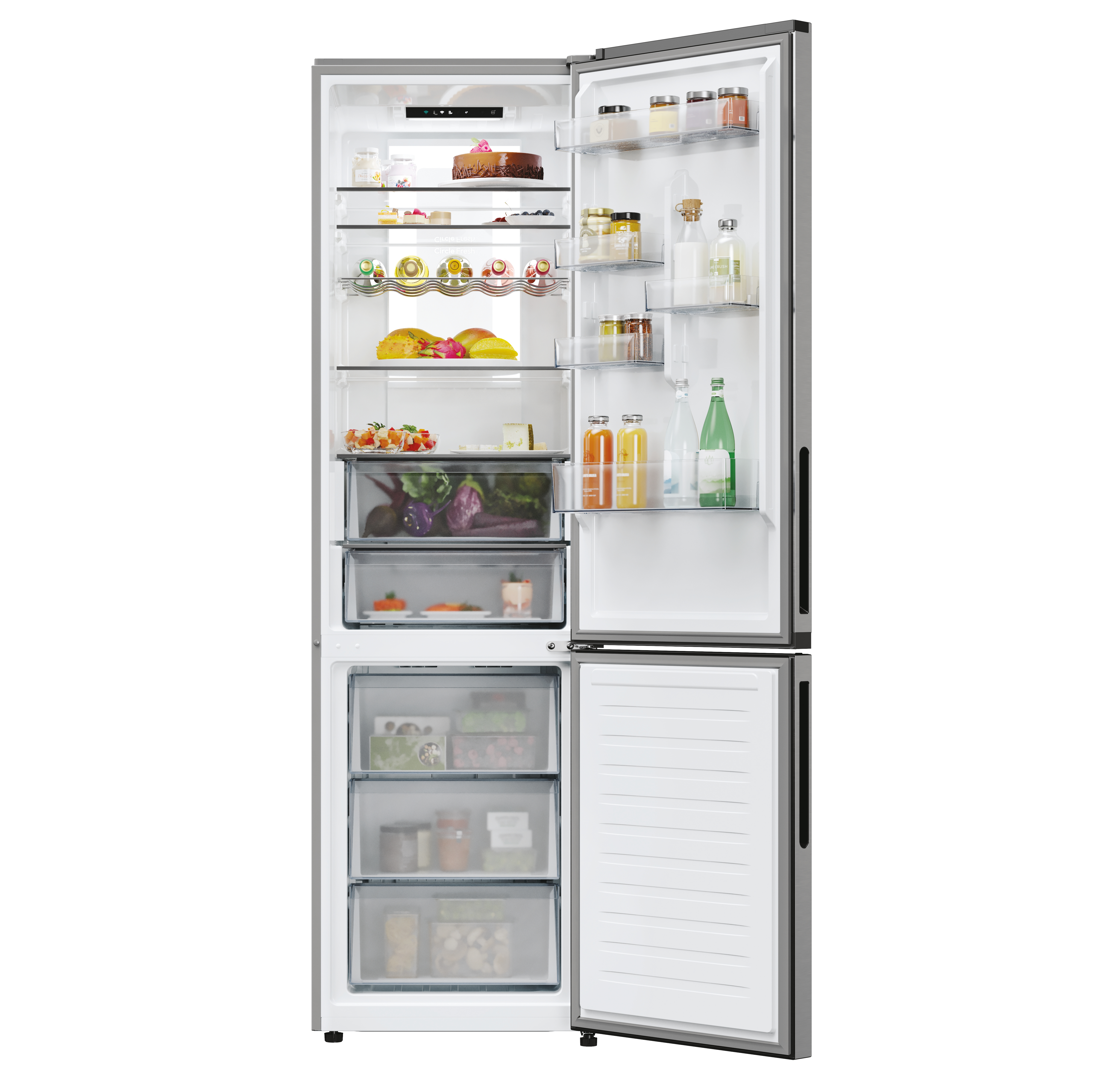 Un refrigerador gris con las puertas abiertas. Dentro, varios alimentos son visibles en estantes, cajones y compartimentos de la puerta.