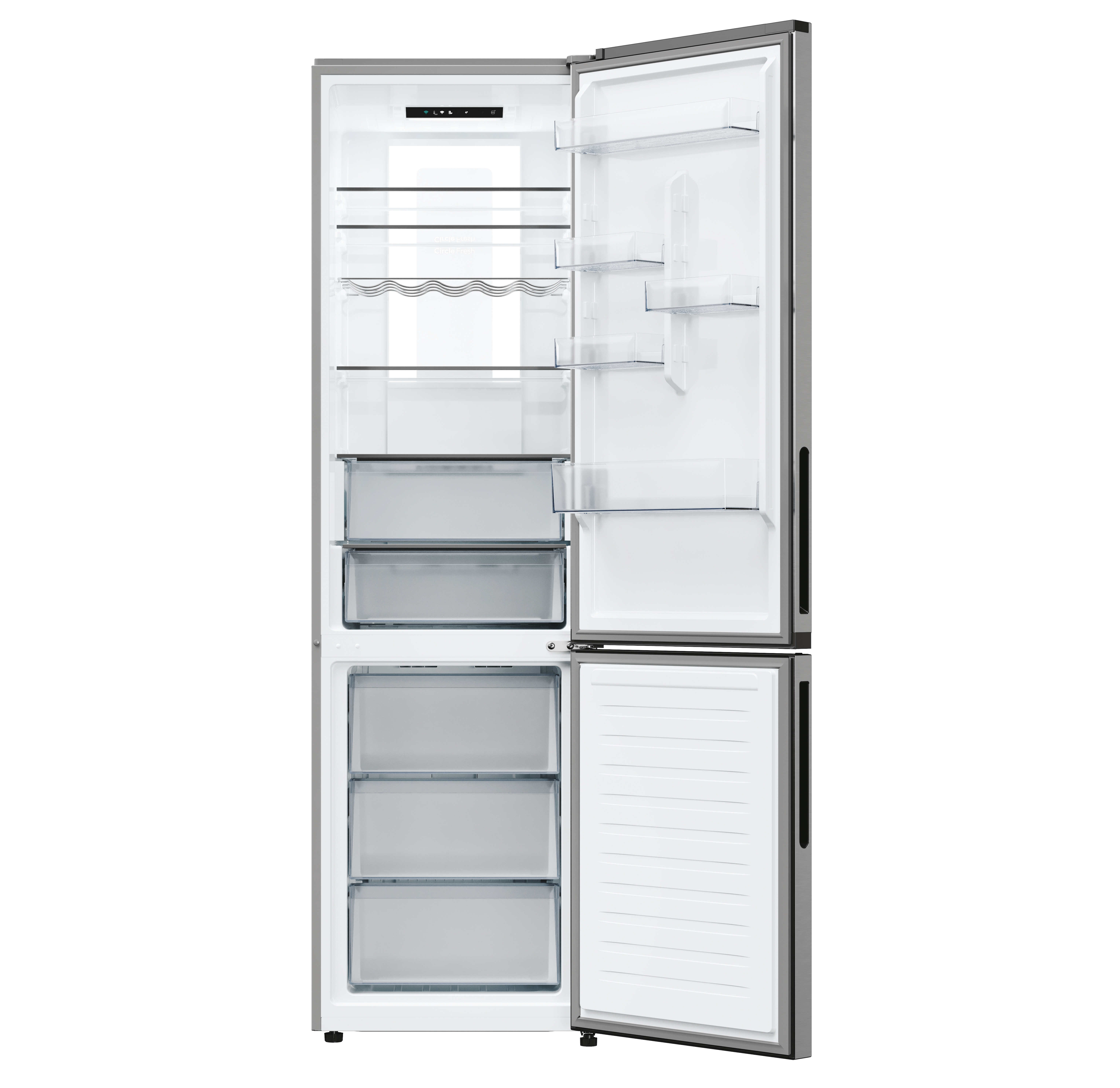 Refrigerador abierto con estantes, cajones y artículos. Exterior gris, interior blanco.