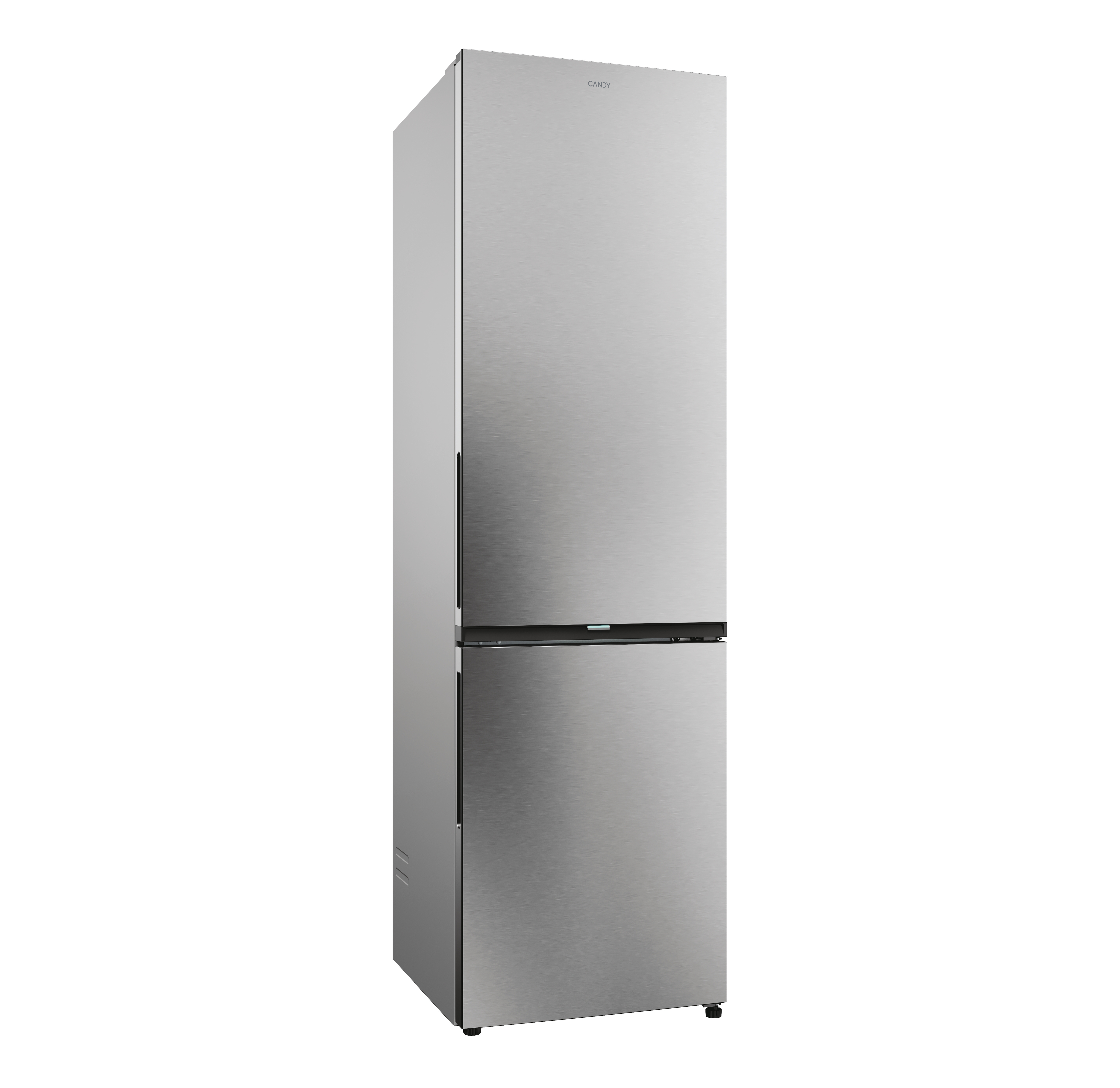 Un frigorífico plateado con dos puertas. La puerta superior es más pequeña.