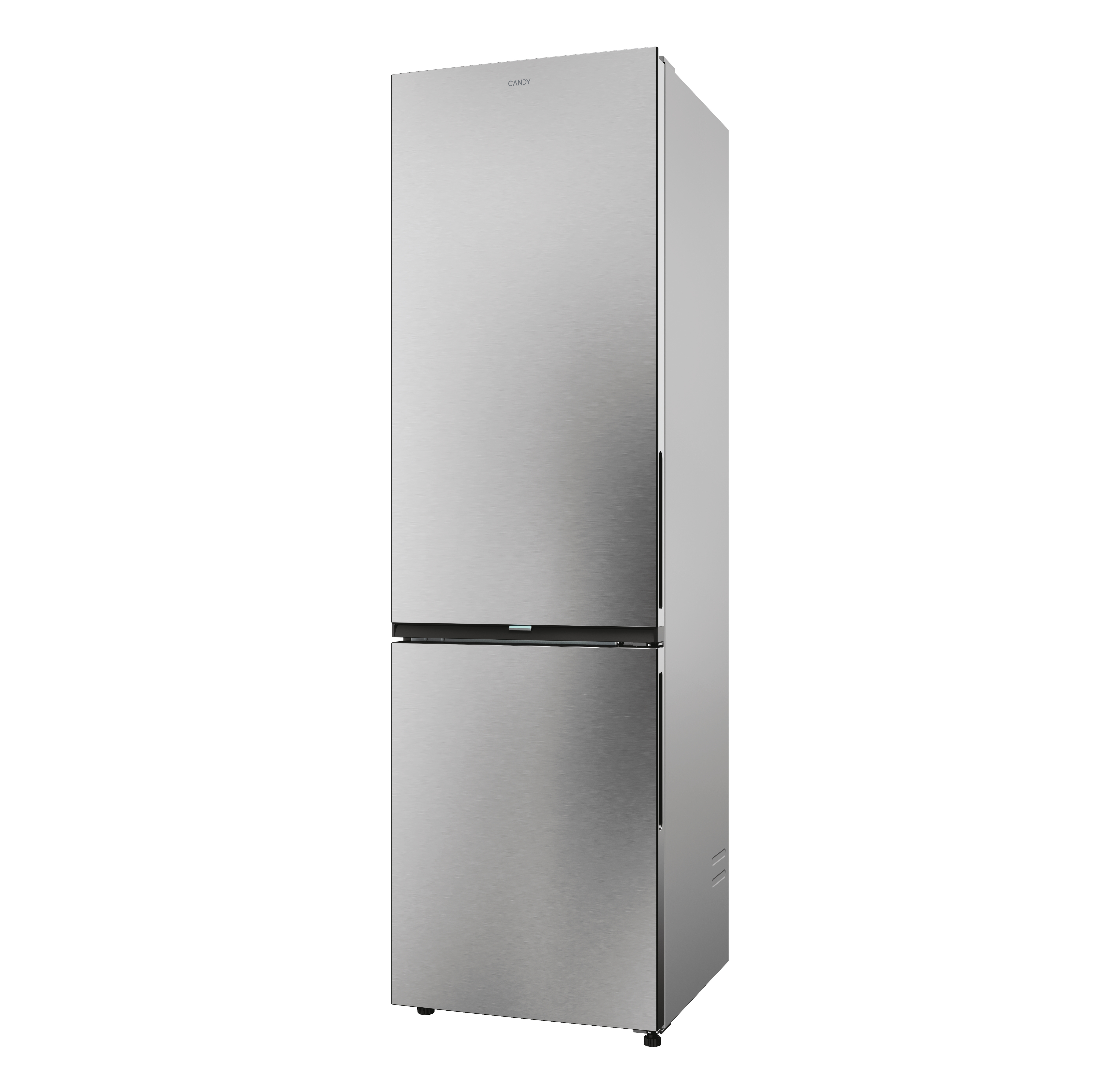 Refrigerador plateado con dos puertas, acabado de acero inoxidable.