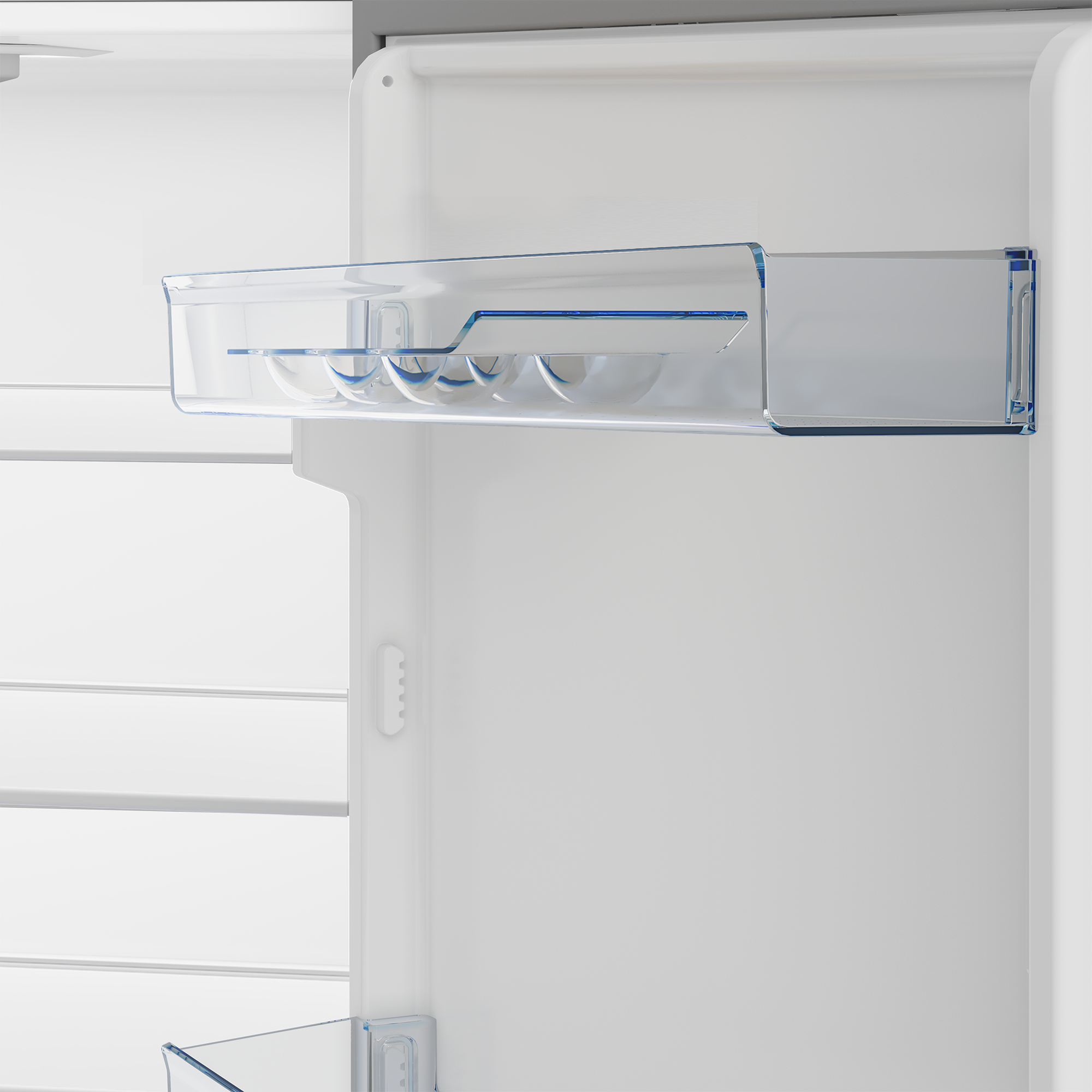 Refrigerator door interior. Clear, plastic shelves for eggs and other items. White interior.