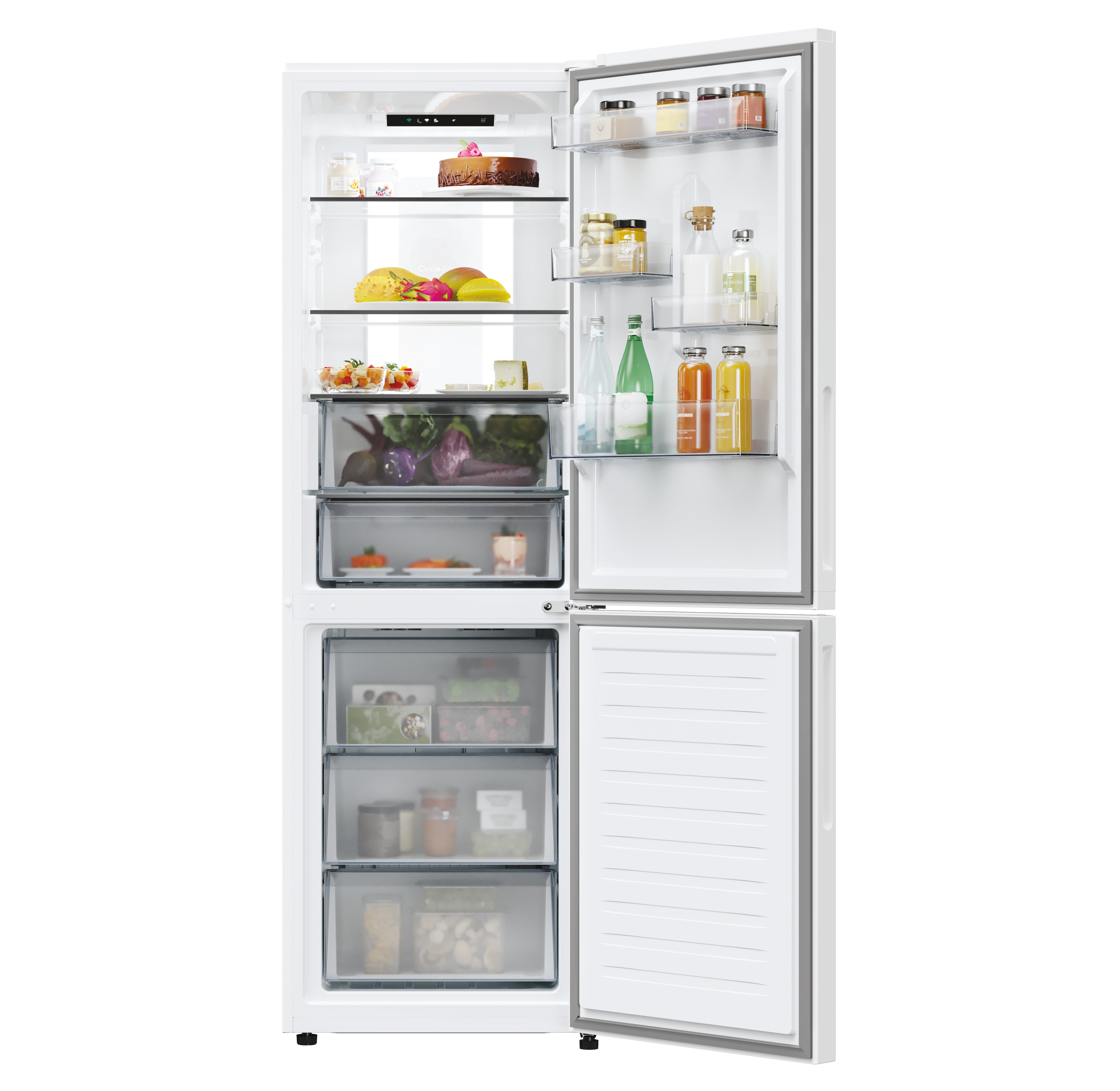 Refrigerador blanco, abierto, revelando estantes con alimentos, sobre fondo blanco.