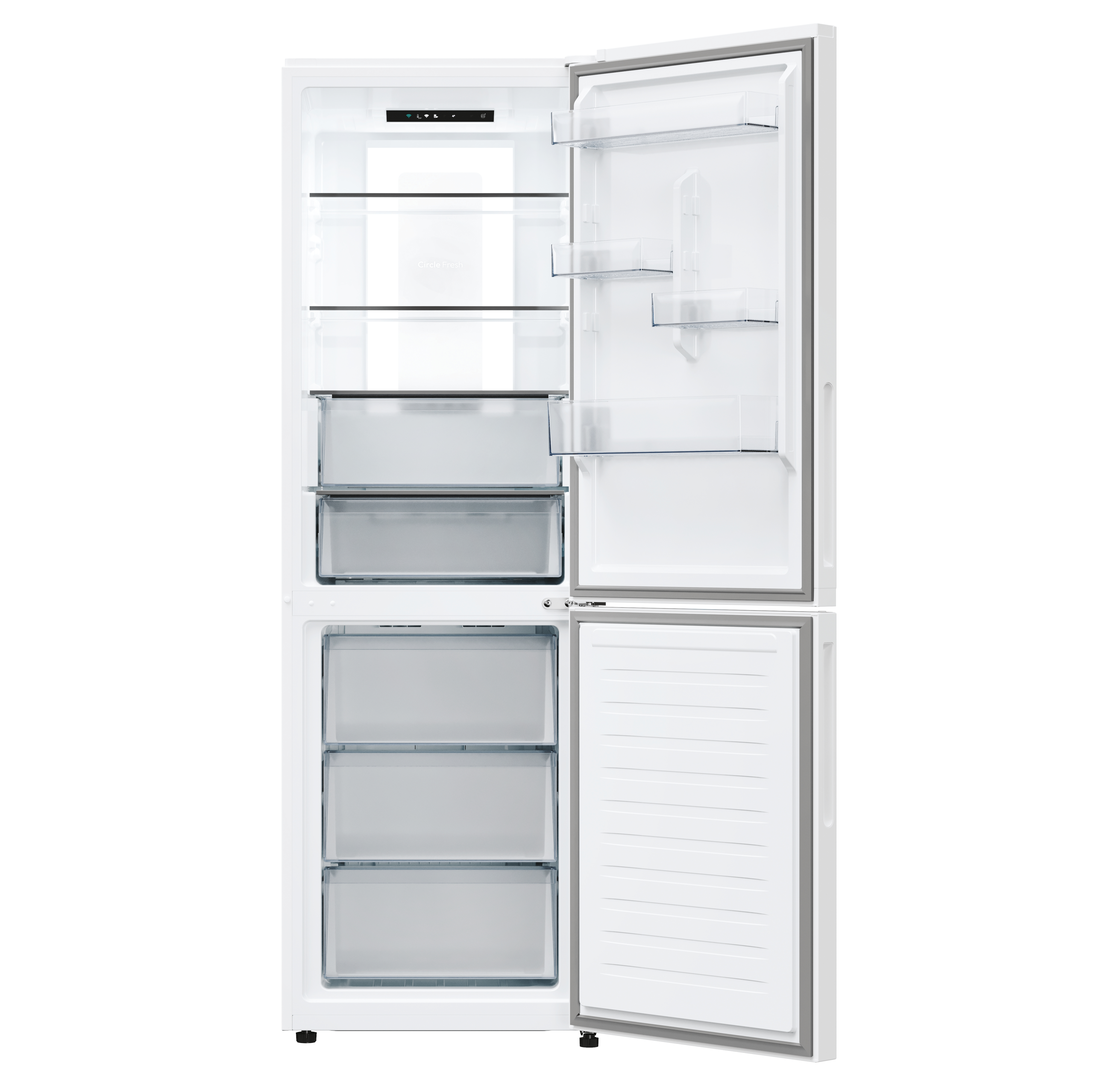 Refrigerador blanco con puertas abiertas, mostrando estantes y cajones. Aislado sobre fondo blanco.
