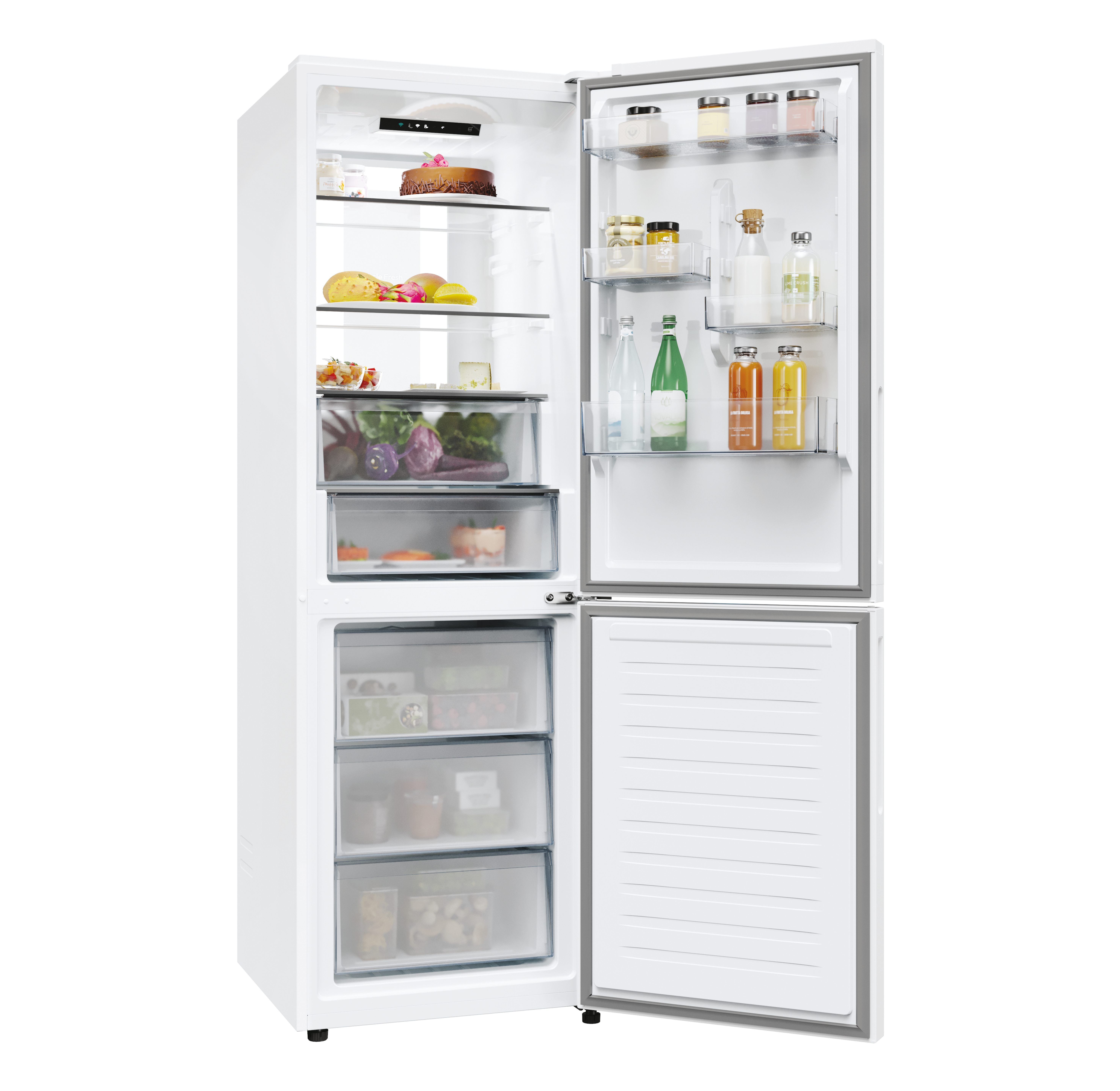Refrigerador blanco con puertas abiertas. Se ven alimentos, incluyendo verduras, bebidas y un pastel.