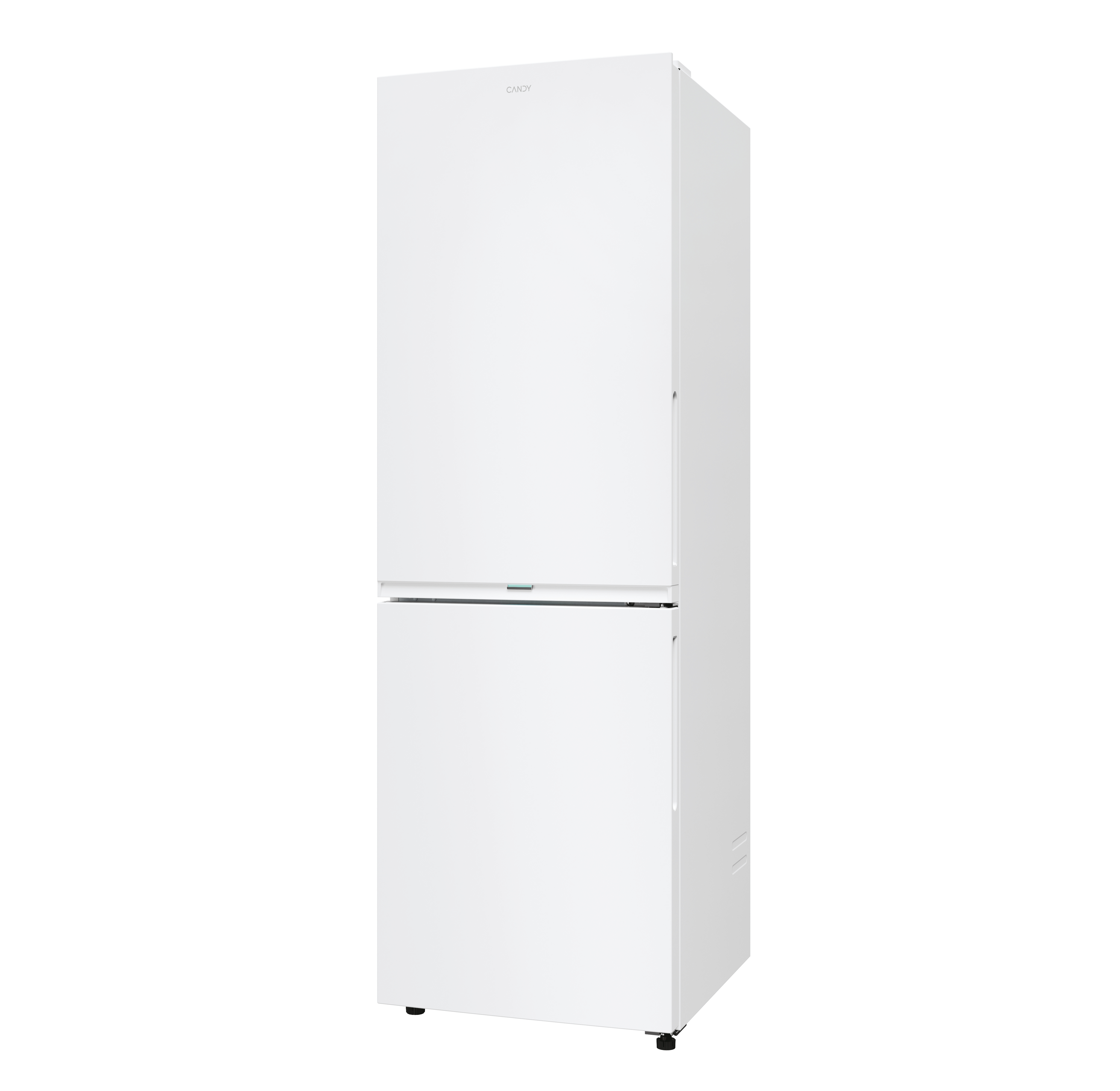 Refrigerador Candy blanco. Dos puertas, marca arriba. Contra un fondo blanco.