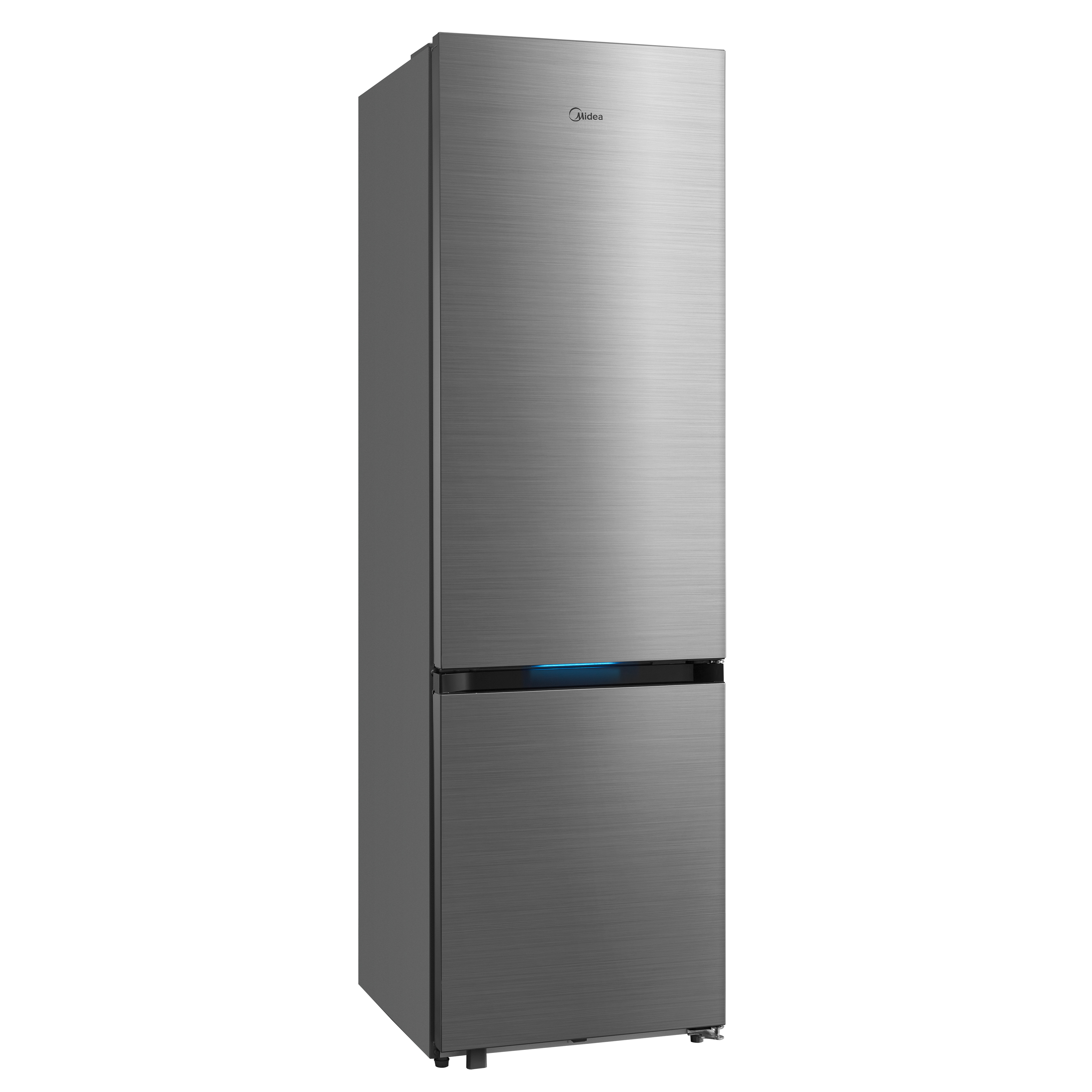 Refrigerador Midea. Gris metálico, diseño de dos puertas. Puerta inferior con luz azul.