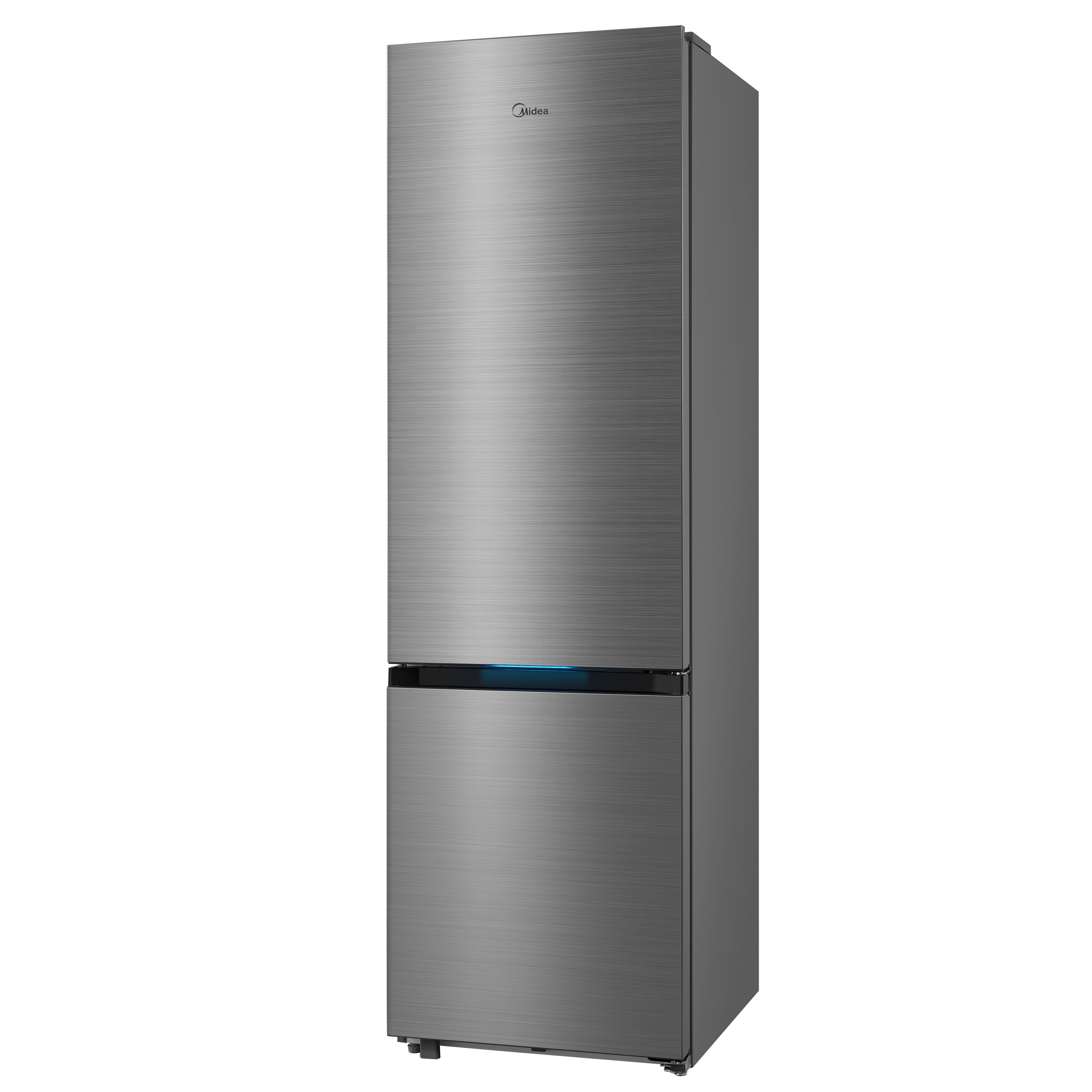 Refrigerador Midea plateado. Dos puertas, acabado metálico cepillado. Aislado en fondo blanco.